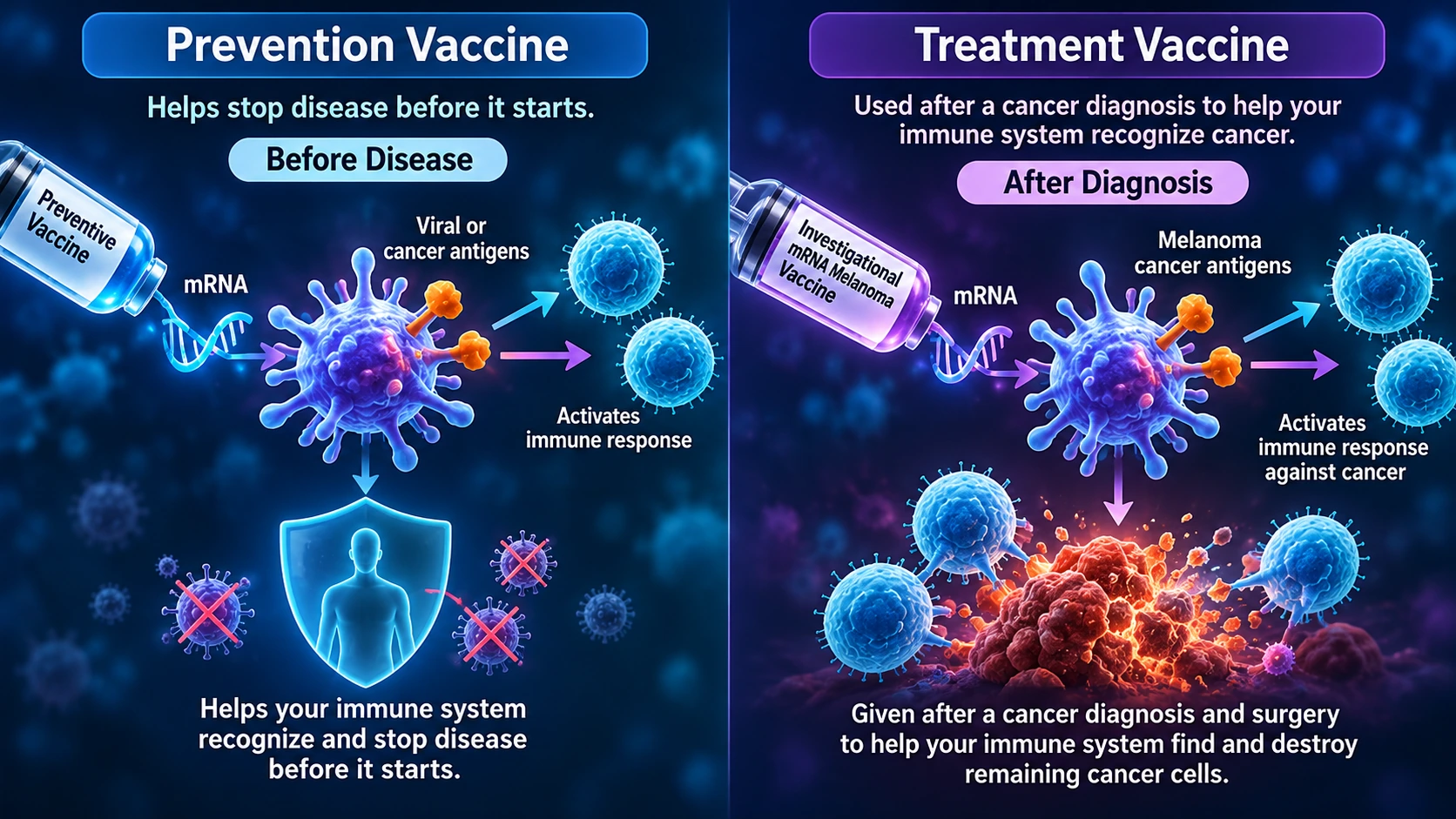Medical infographic contrasting preventive vaccines given before disease with personalized cancer treatment vaccines administered after a cancer diagnosis and surgery
