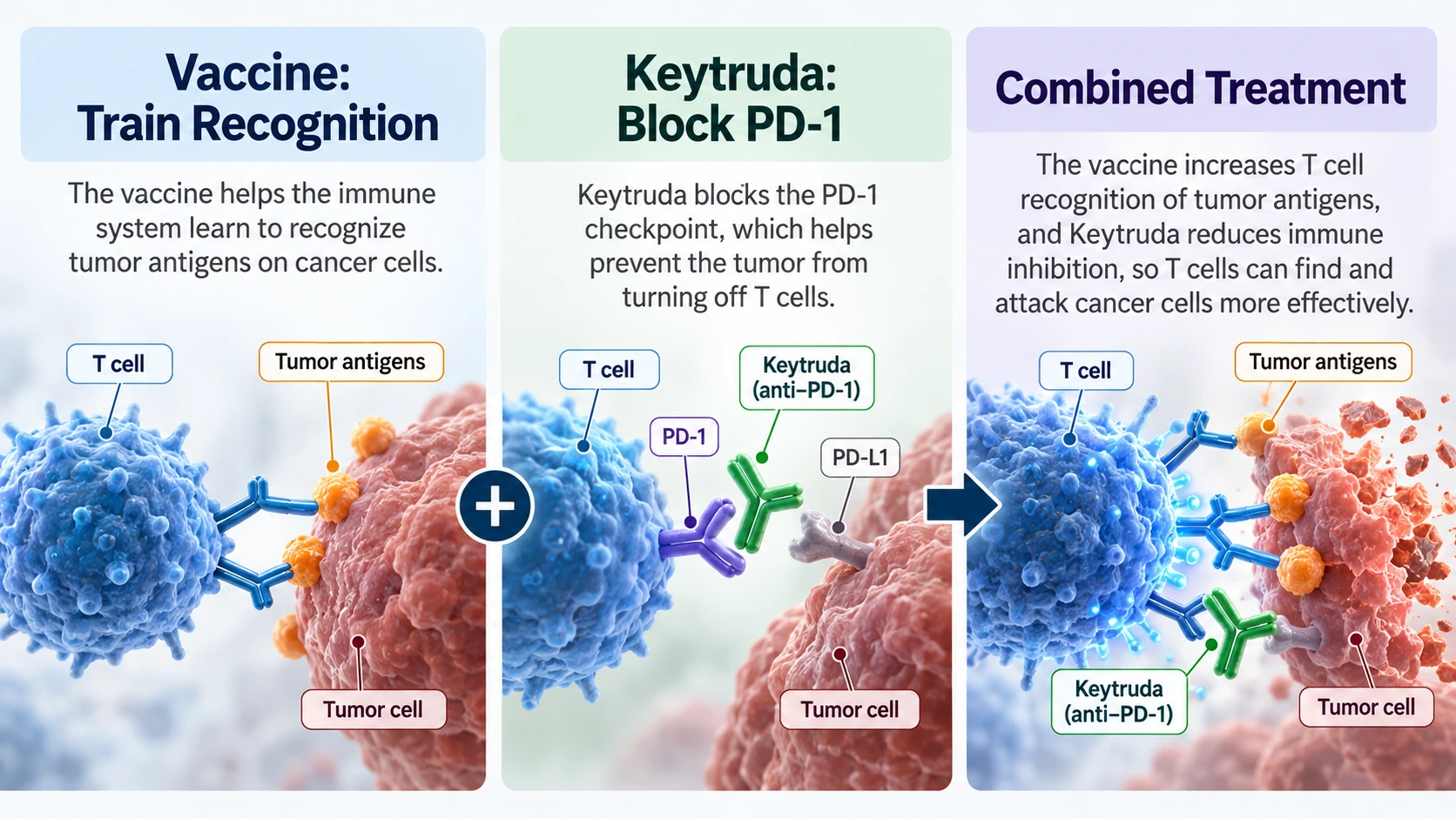 Scientific illustration showing how a personalized cancer vaccine trains immune cells to recognize tumor antigens while Keytruda blocks the PD-1 immune checkpoint
