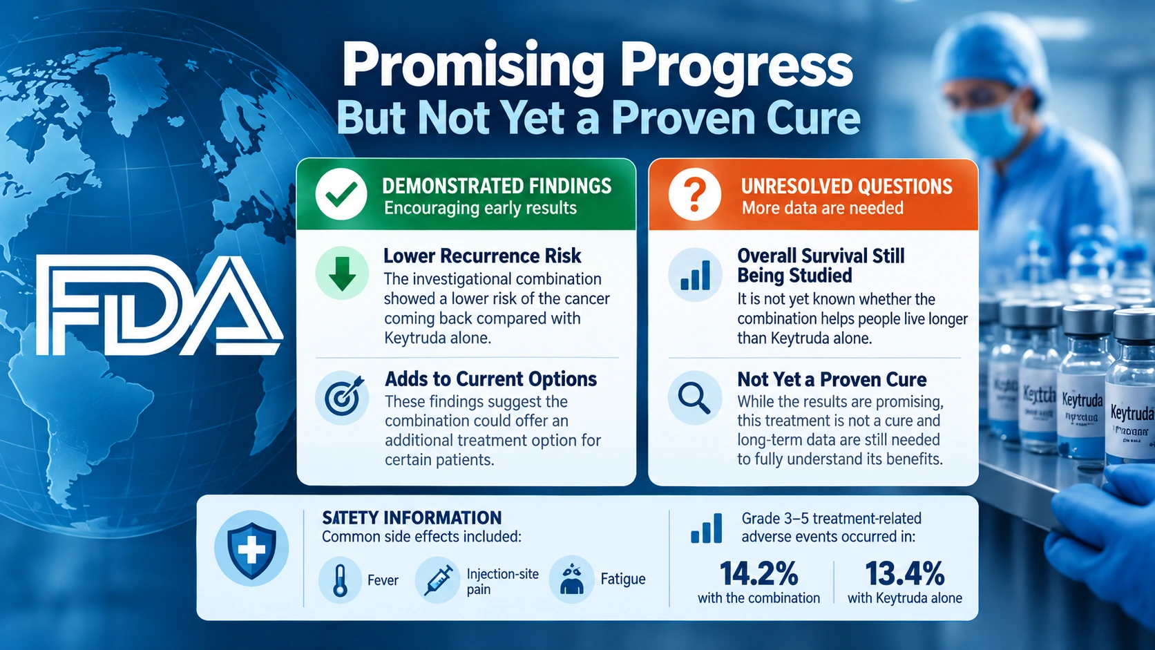 Medical infographic distinguishing demonstrated improvements in melanoma recurrence outcomes from still-unproven long-term survival and cure claims