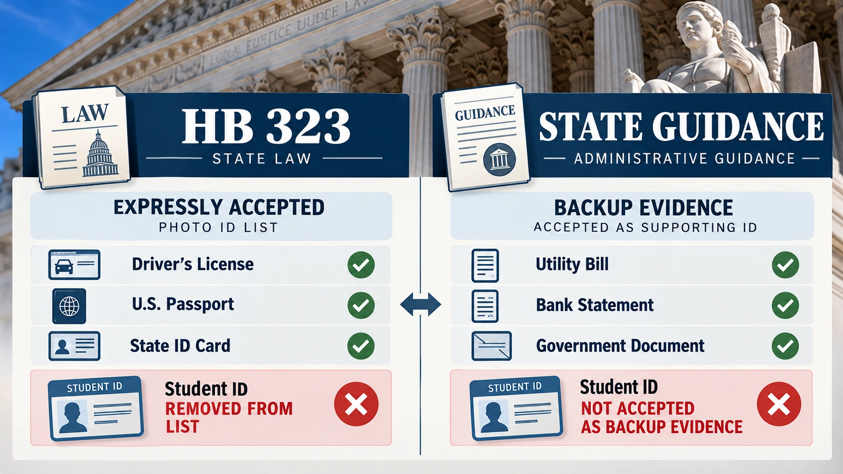 Two-column diagram distinguishing New Hampshire's HB 323 student ID restriction from the secretary of state's broader guidance