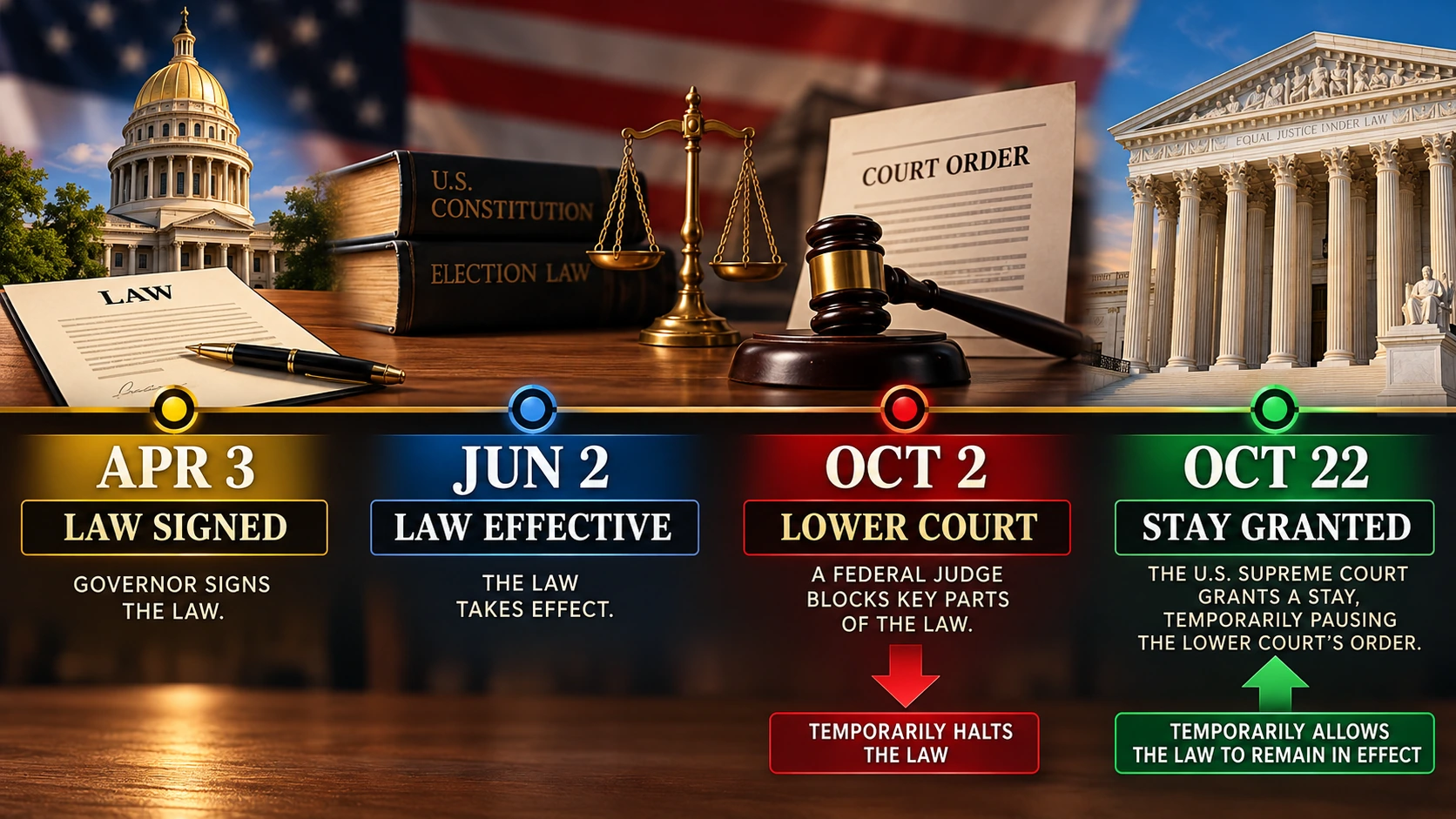 Timeline of New Hampshire's student ID law, the district court order, and the Supreme Court's October 22 emergency stay