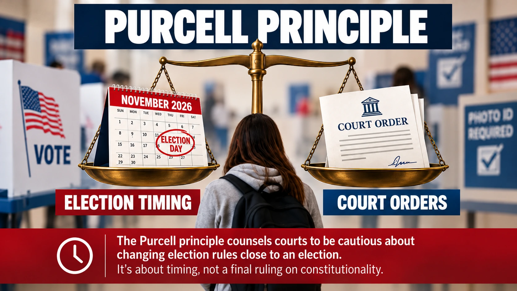Conceptual balance scale showing the Purcell principle's concern about last-minute court orders and election confusion