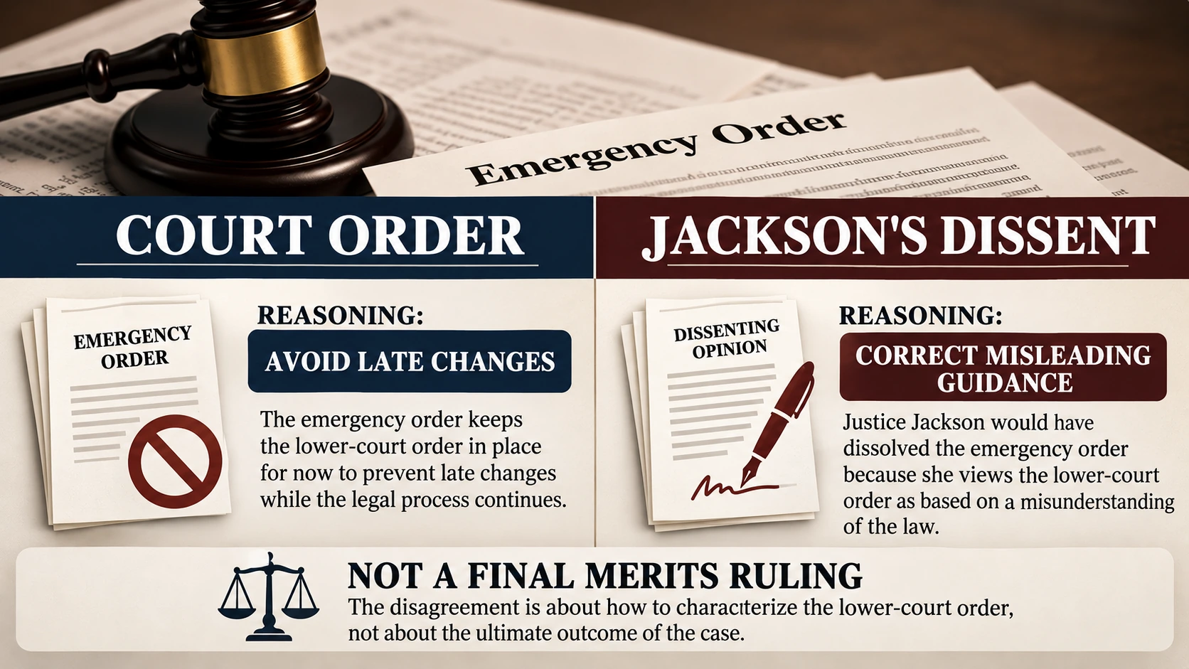 Side-by-side comparison of the Supreme Court's election-timing reasoning and Justice Jackson's concern about correcting misleading guidance