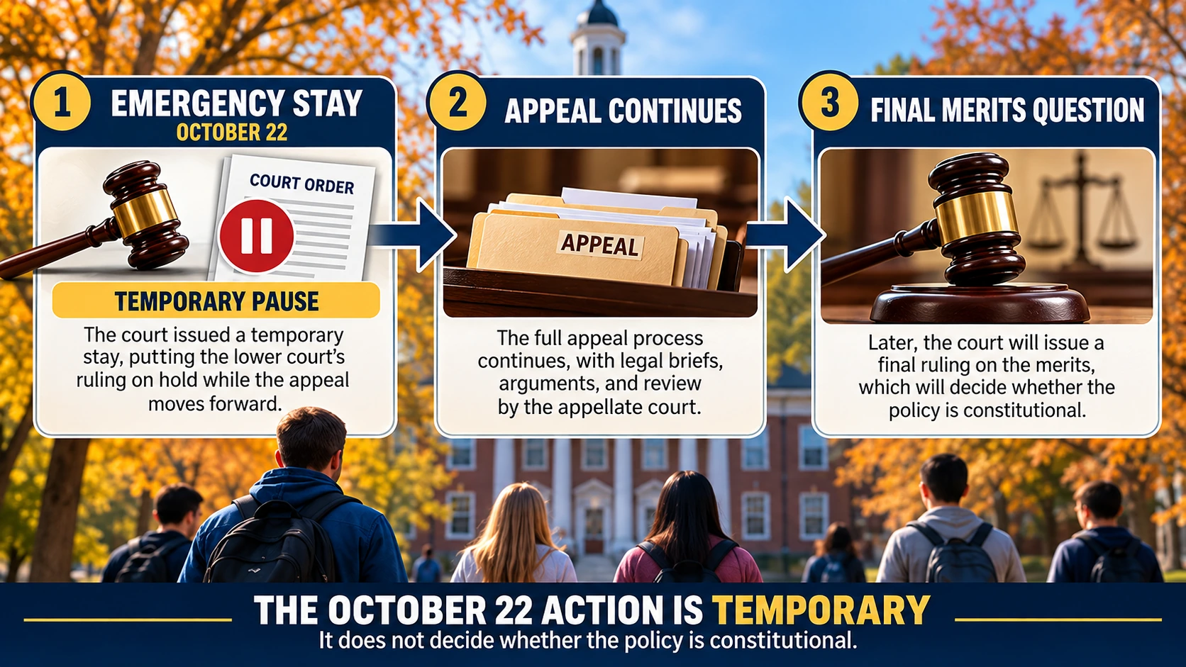 Legal process diagram distinguishing an emergency Supreme Court stay from a final ruling on constitutionality