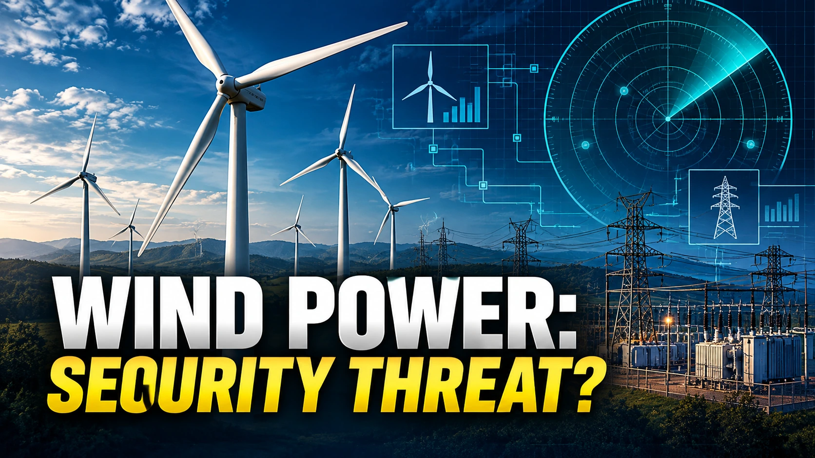 Editorial illustration of a wind farm connected to the U.S. power grid, with cybersecurity and radar symbols representing the national security debate