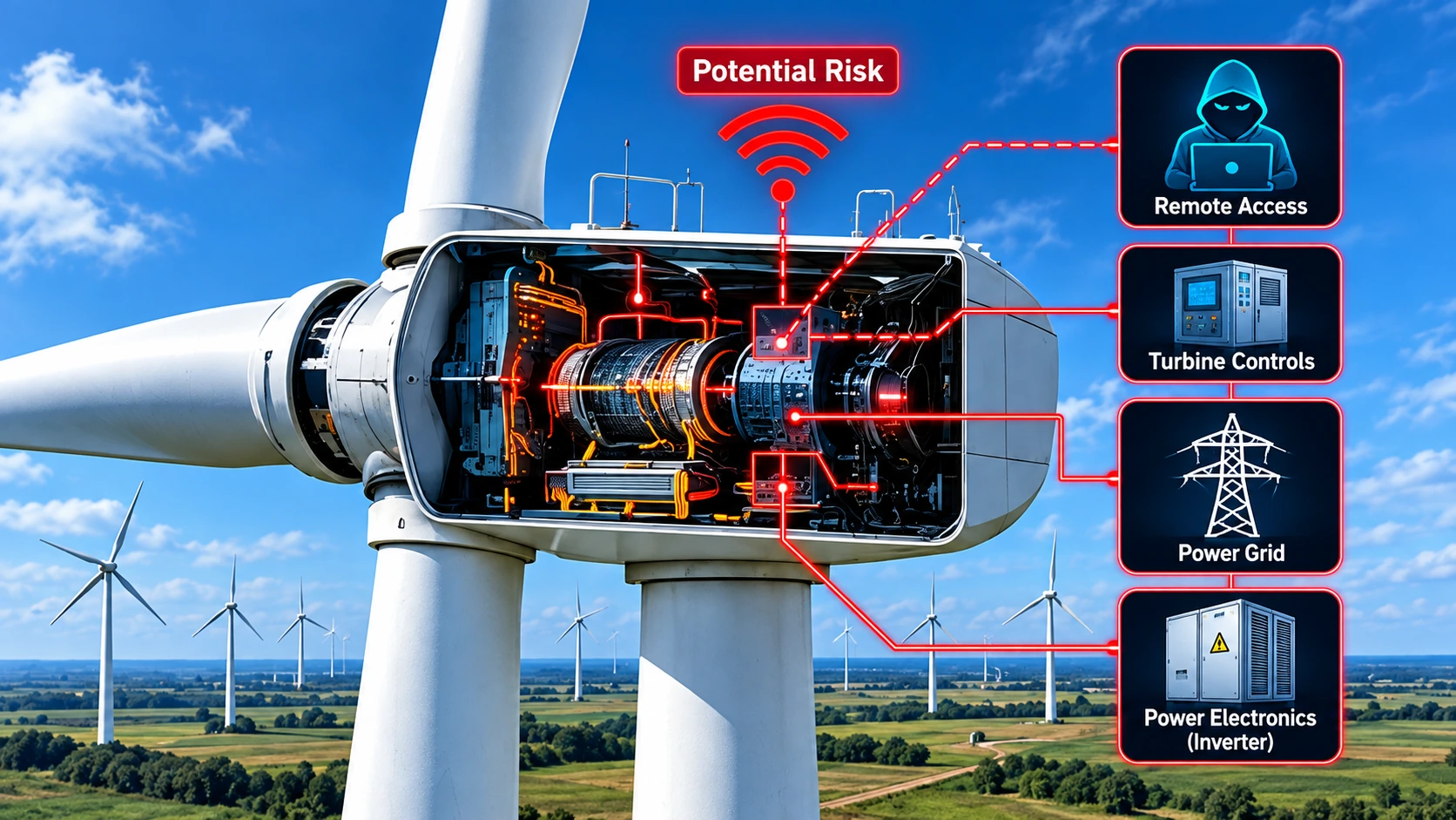 Diagram of wind turbine controllers, remote maintenance connections, power electronics, and the grid showing possible cybersecurity entry points