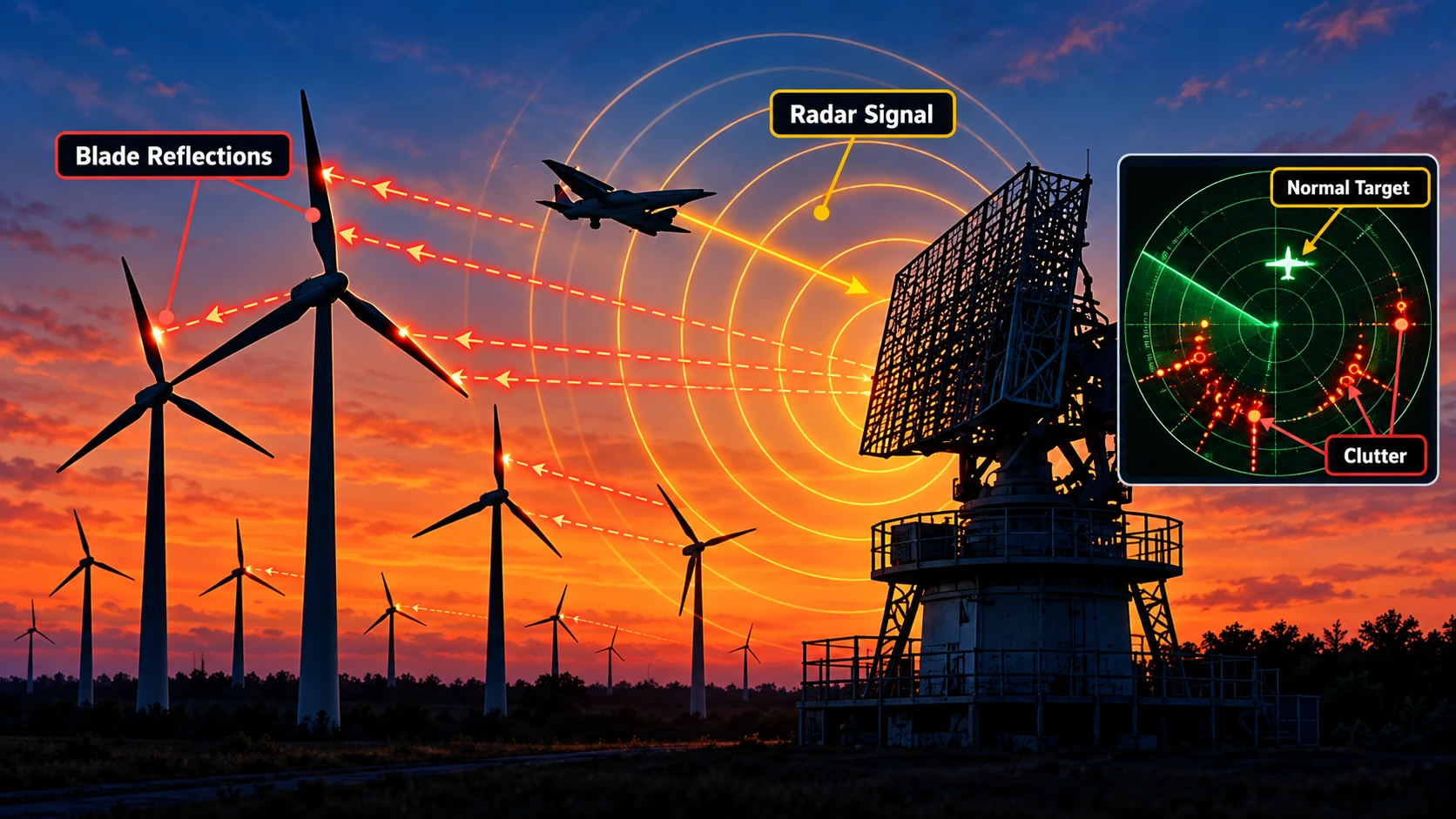 Illustration showing radar beams reflecting off rotating wind turbine blades and creating clutter on a radar display