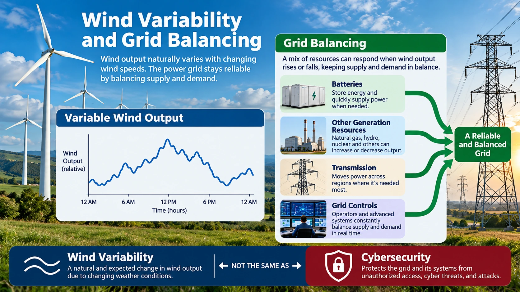 Infographic showing variable wind generation balanced by other power sources, storage, and grid controls to meet electricity demand