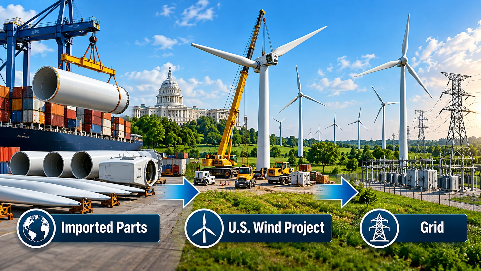 Supply chain diagram showing imported wind turbine components reaching a U.S. wind farm and connecting to domestic power infrastructure