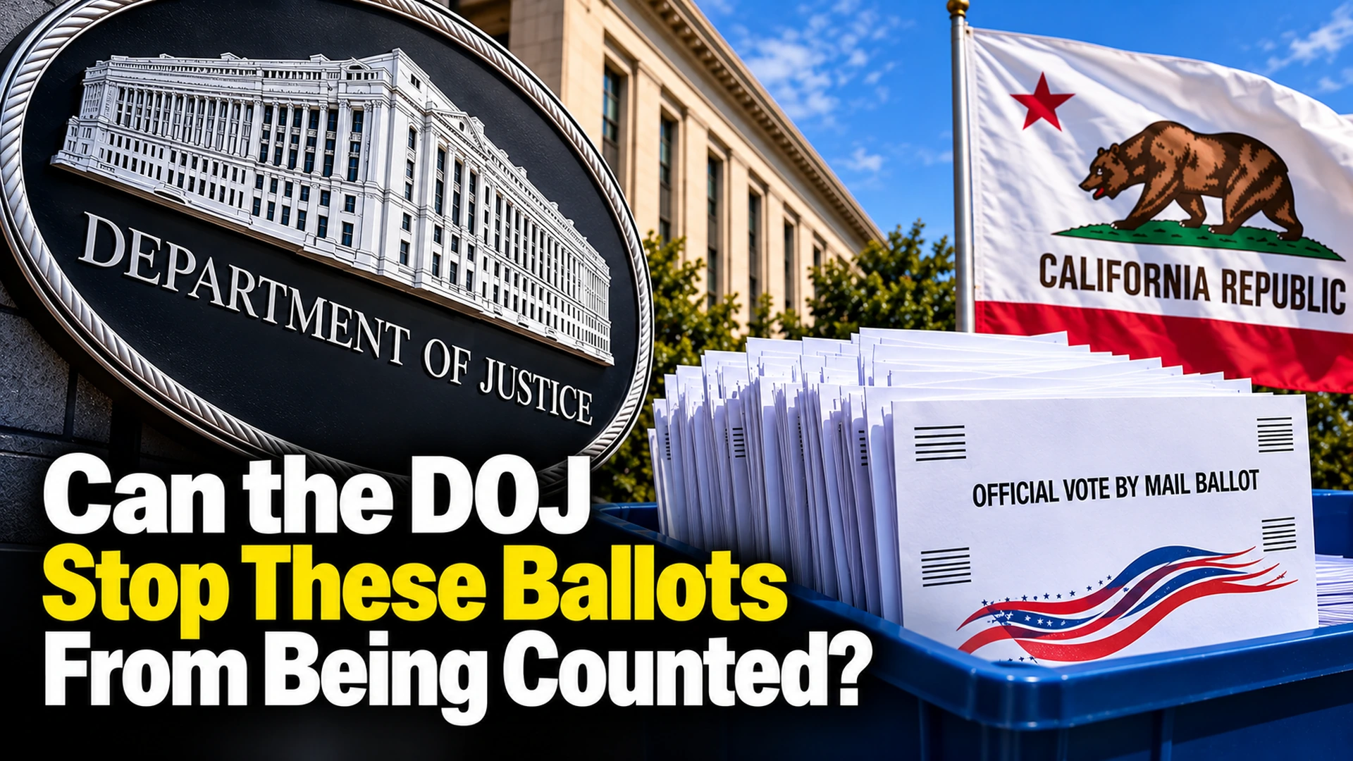 Editorial illustration of California mail ballots caught between a federal Justice Department demand and state election officials