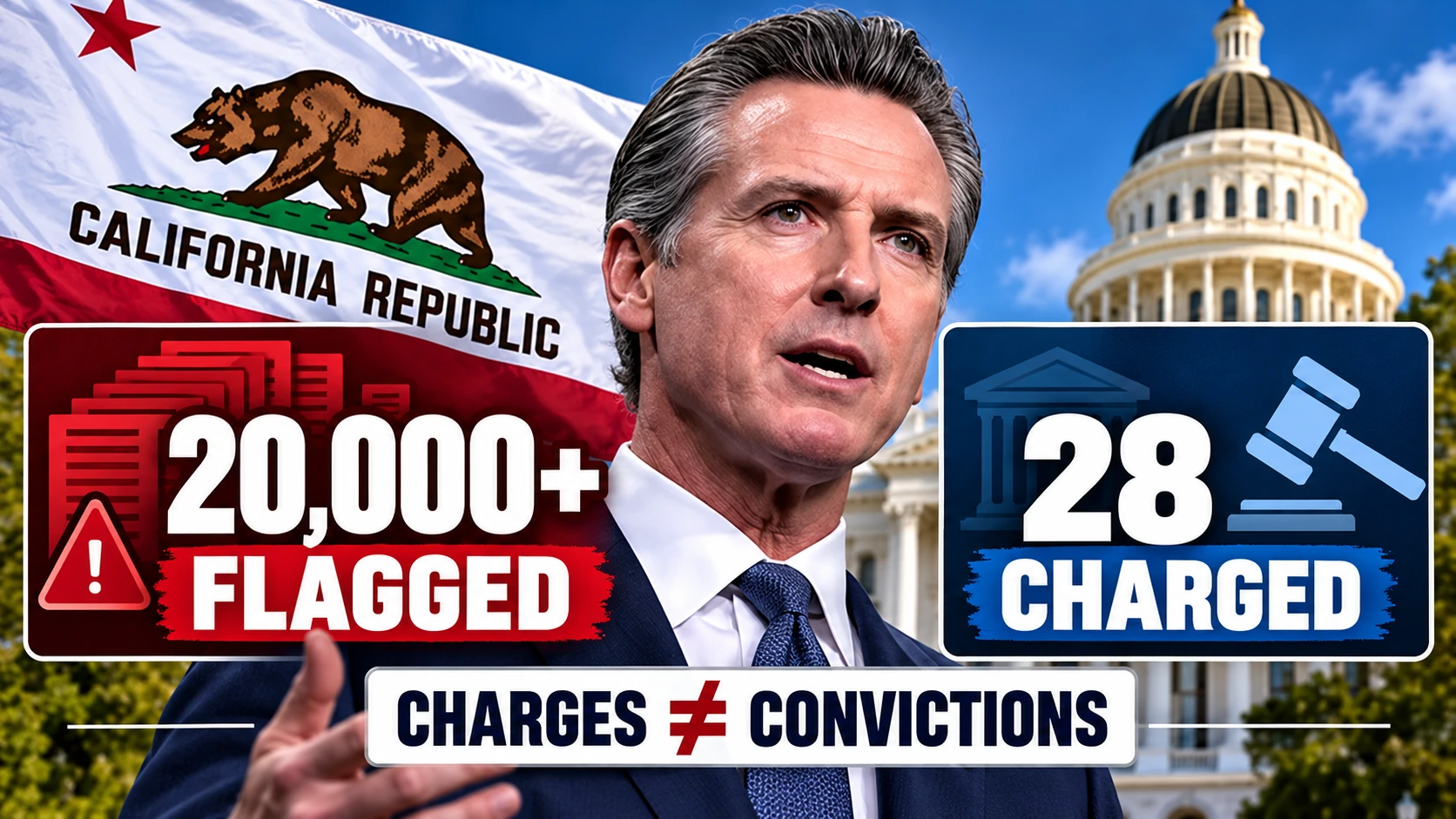 Infographic comparing the Justice Department's list of more than 20,000 potentially ineligible registrants with 28 individuals facing criminal charges