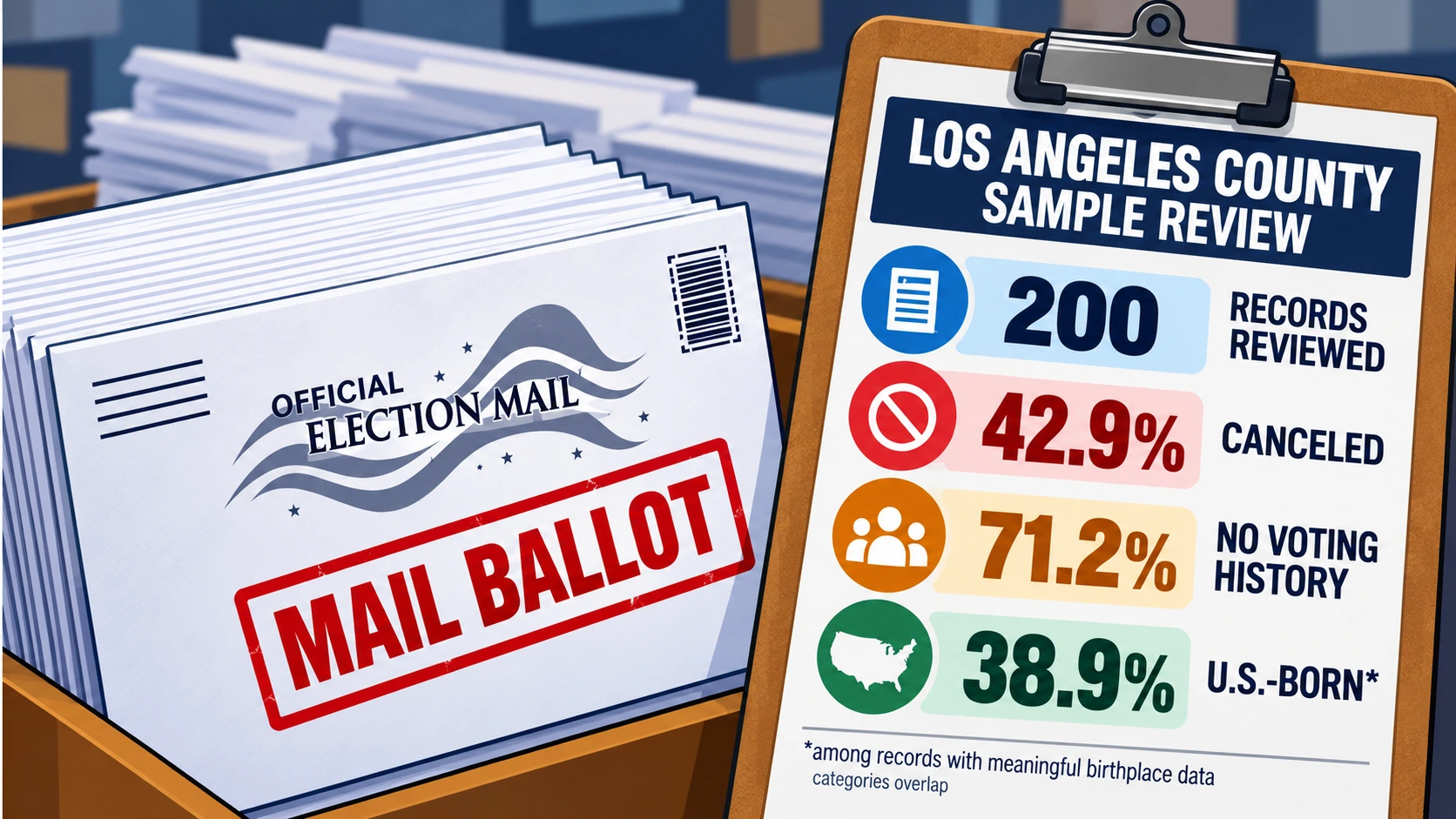 Data graphic showing Los Angeles County's preliminary findings from 200 voter records flagged by federal investigators