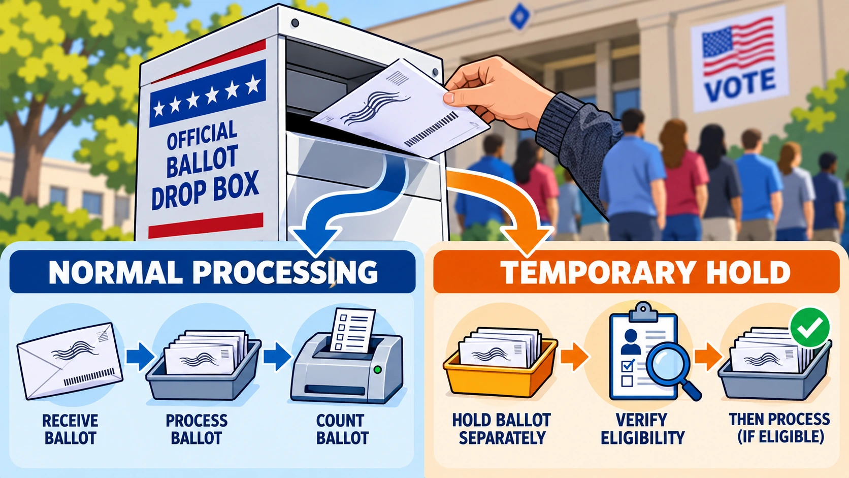 Conceptual comparison showing normal mail ballot processing and the Justice Department's requested temporary segregation pending citizenship verification