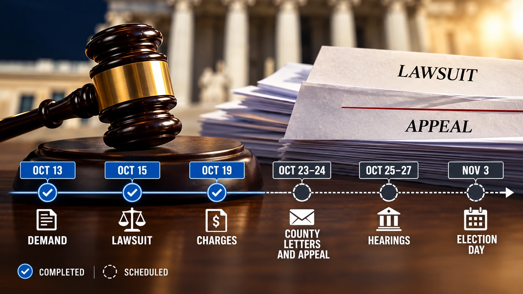 Timeline of the October 2026 Justice Department lawsuit and California mail ballot dispute leading toward the November 3 election