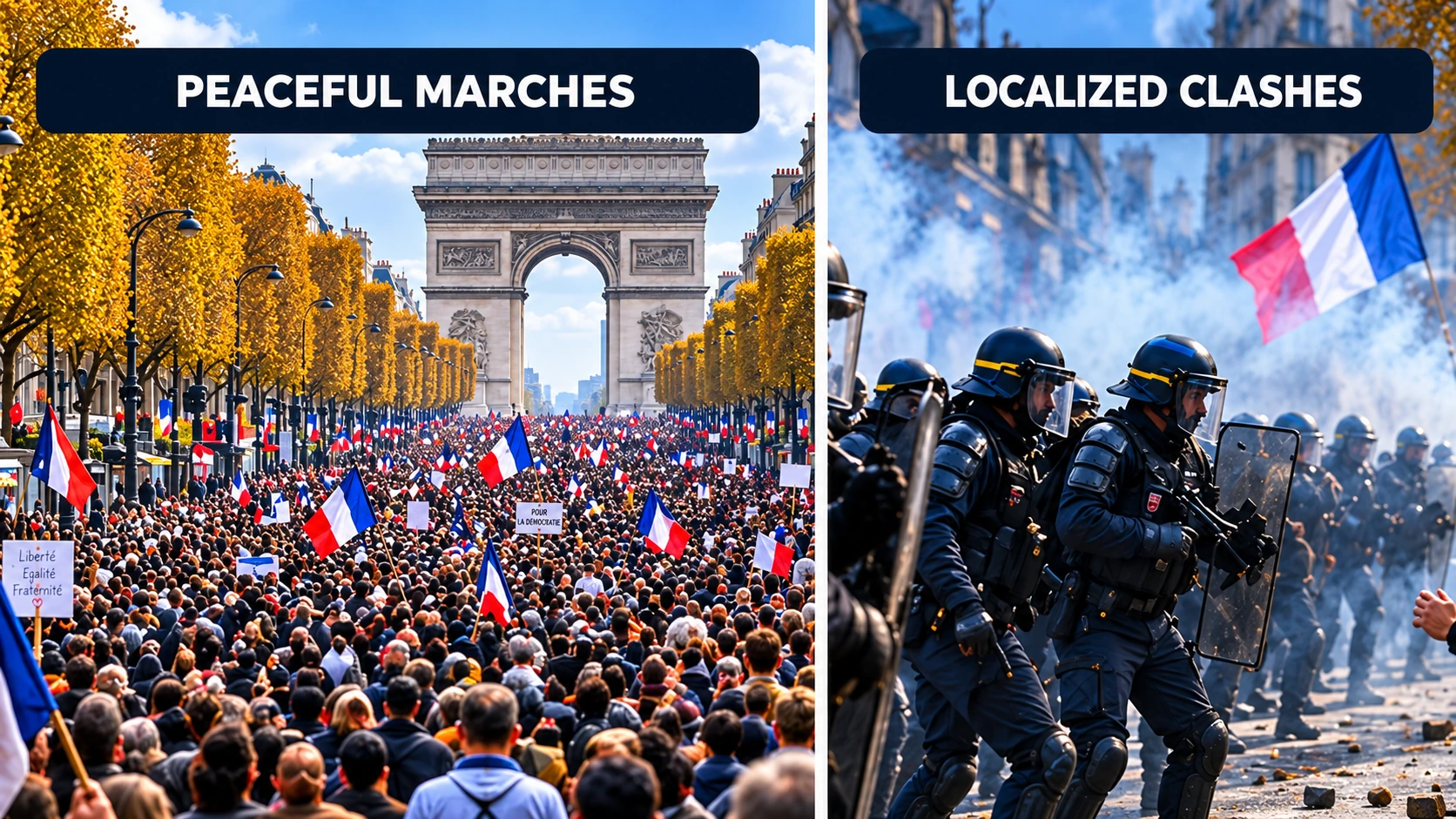 Balanced editorial infographic distinguishing peaceful French protest marches from localized clashes between masked individuals and police