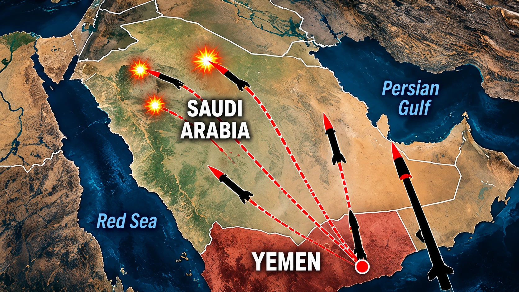 Three-column infographic distinguishing Houthi attack claims, Saudi missile interceptions, and unverified damage to oil facilities