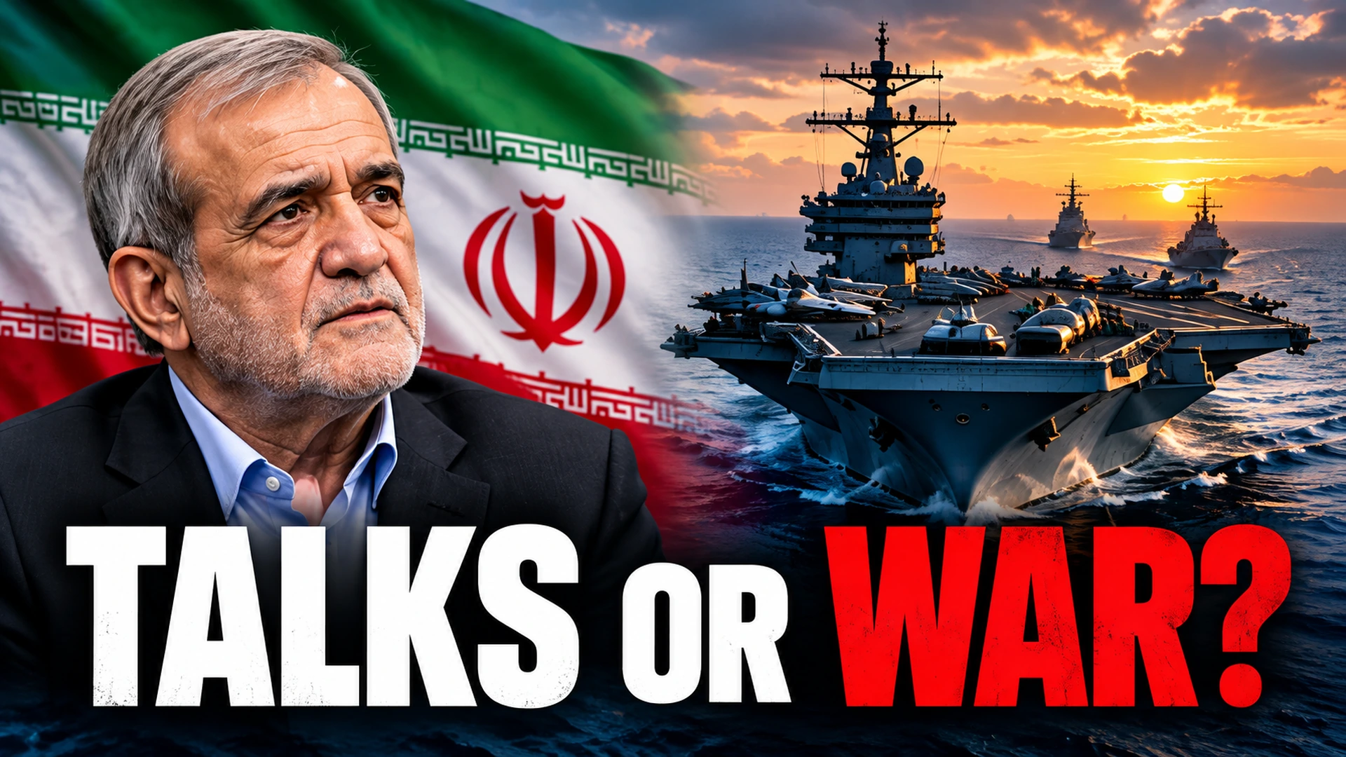 Editorial illustration of Iranian President Masoud Pezeshkian beside a U.S. aircraft carrier in the Persian Gulf, illustrating the conflict between diplomacy and military threats