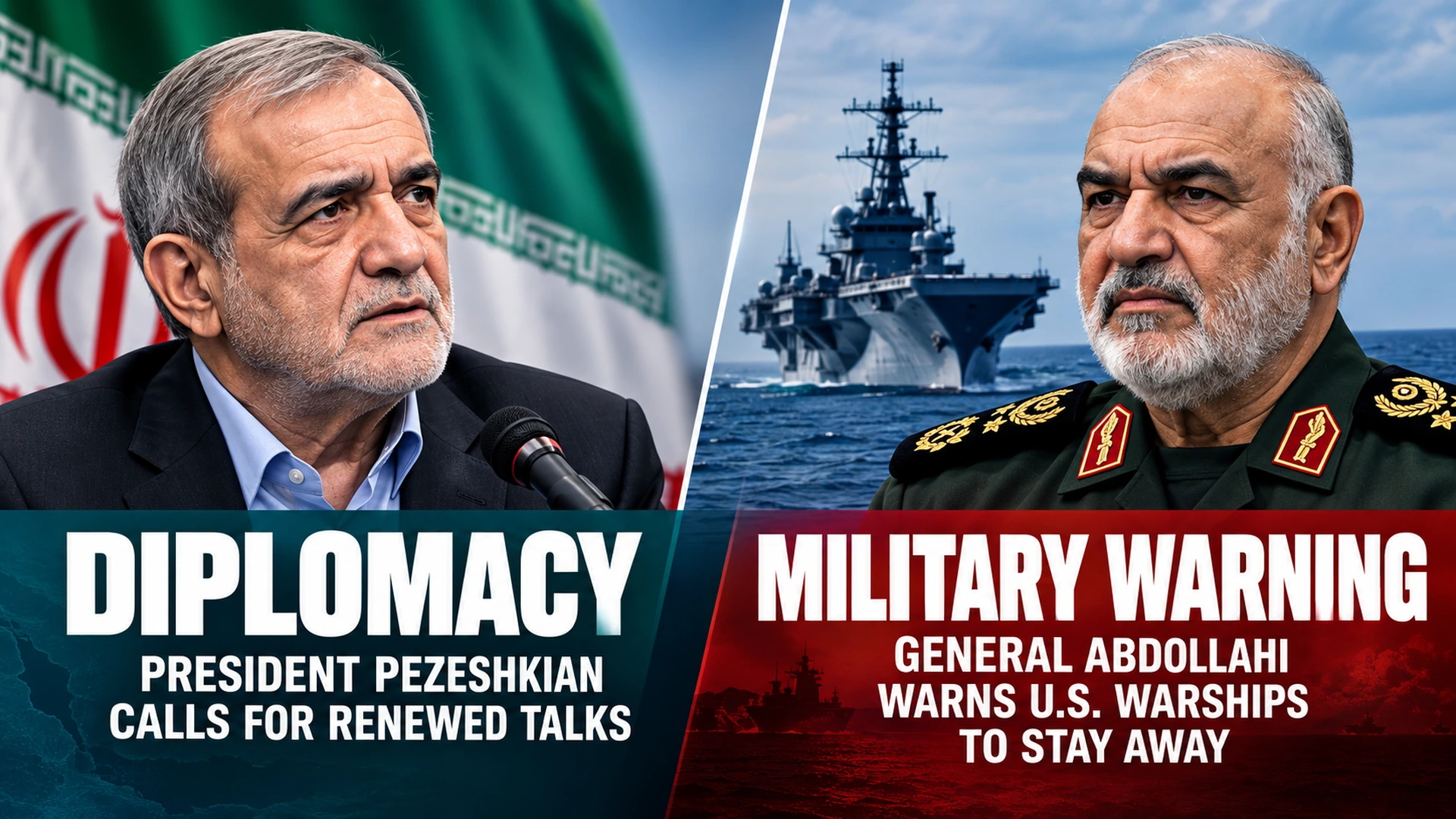 Split-screen infographic comparing Iranian President Masoud Pezeshkian's call for renewed negotiations with Ali Abdollahi's warning to U.S. warships