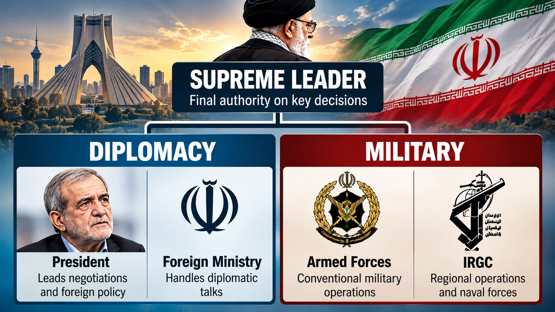 Diagram showing the relationship between Iran's supreme leader, president, foreign ministry, armed forces and Revolutionary Guard