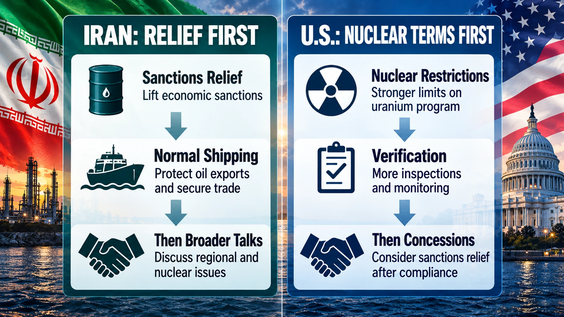 Comparison infographic showing Iran's proposed sequence of blockade relief and Strait of Hormuz reopening against U.S. demands for nuclear concessions