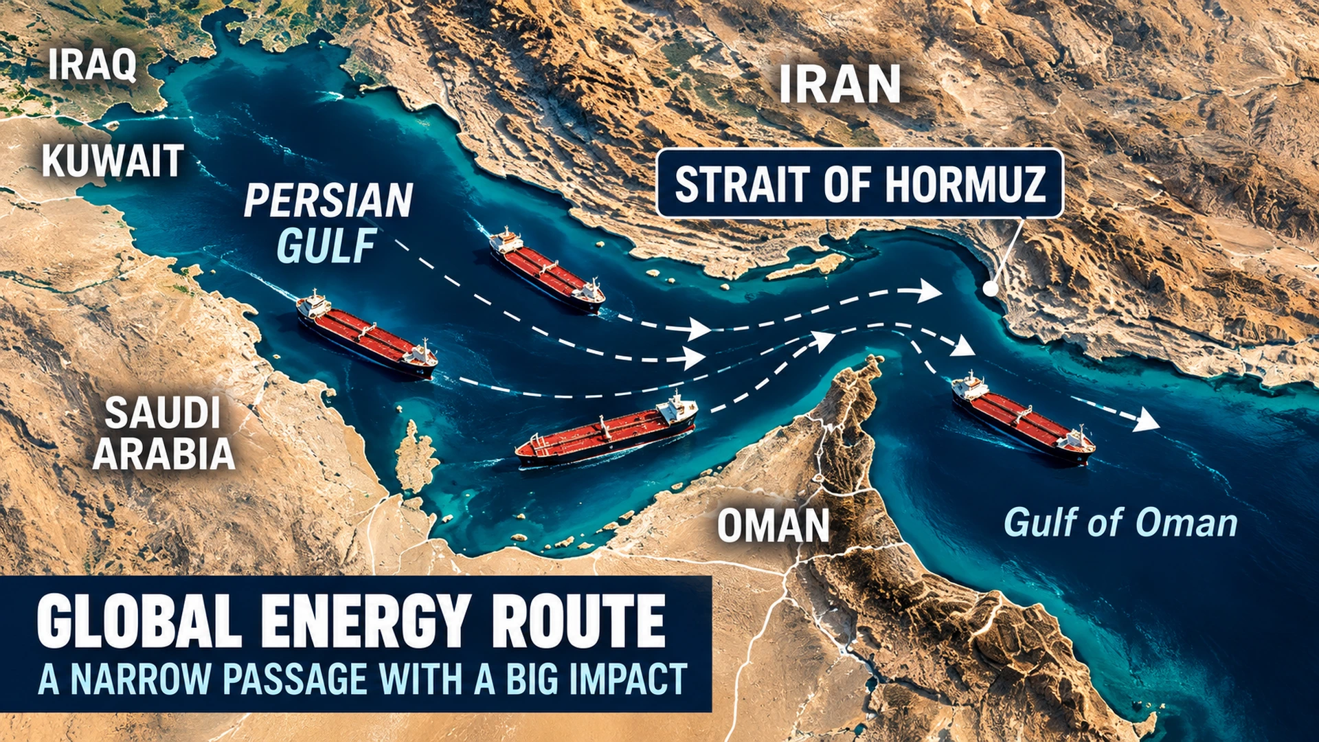 Map of the Strait of Hormuz showing Iran, Oman, the Persian Gulf, the Gulf of Oman and major energy shipping routes