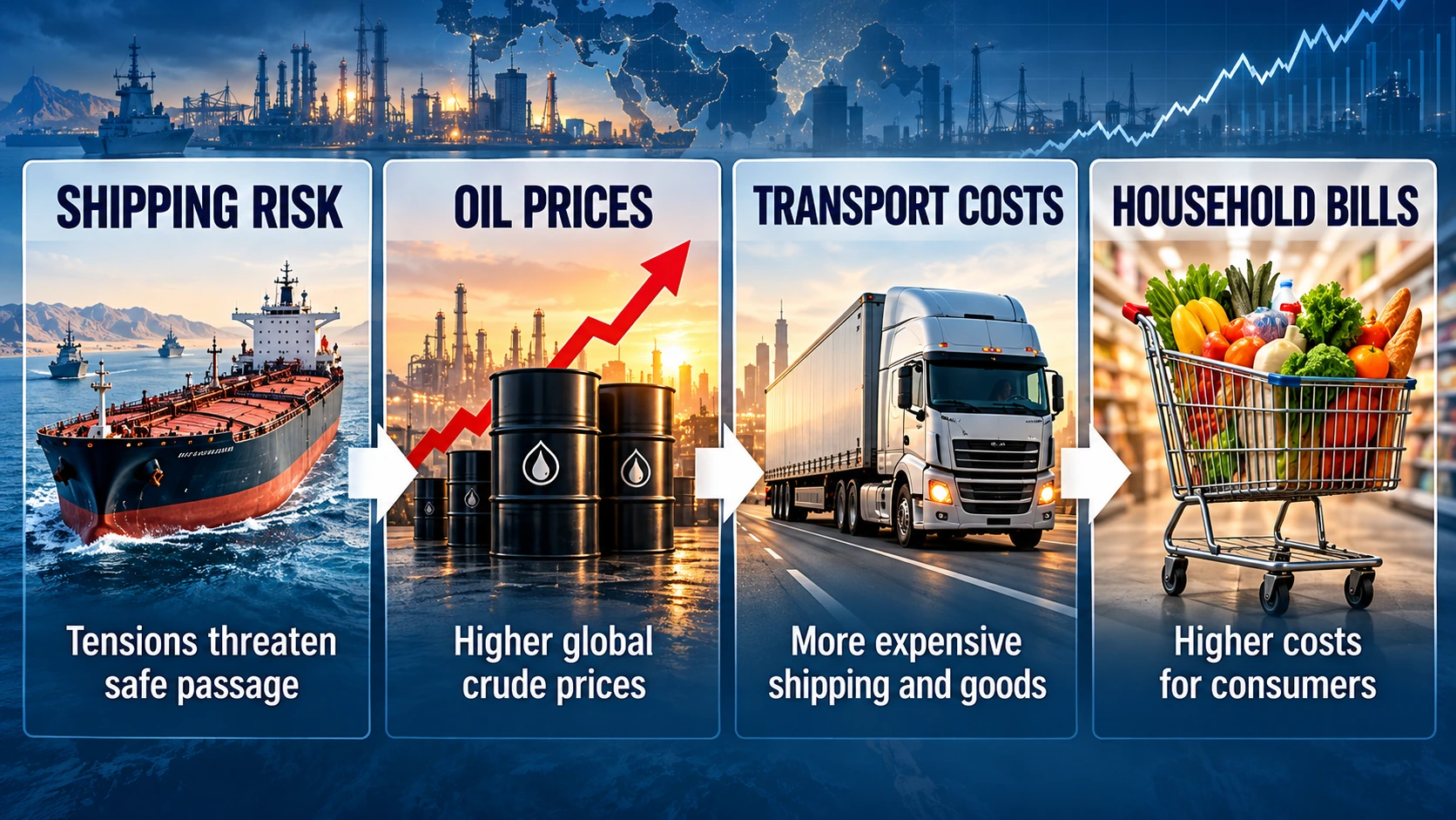 Flowchart illustrating how instability in the Strait of Hormuz can increase global oil prices, shipping costs and American household expenses