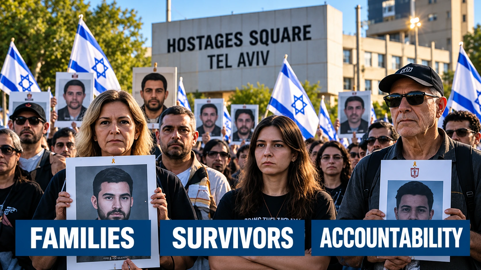 Editorial infographic showing families, survivors, and opposition leaders gathering at Hostages Square to demand an independent October 7 investigation