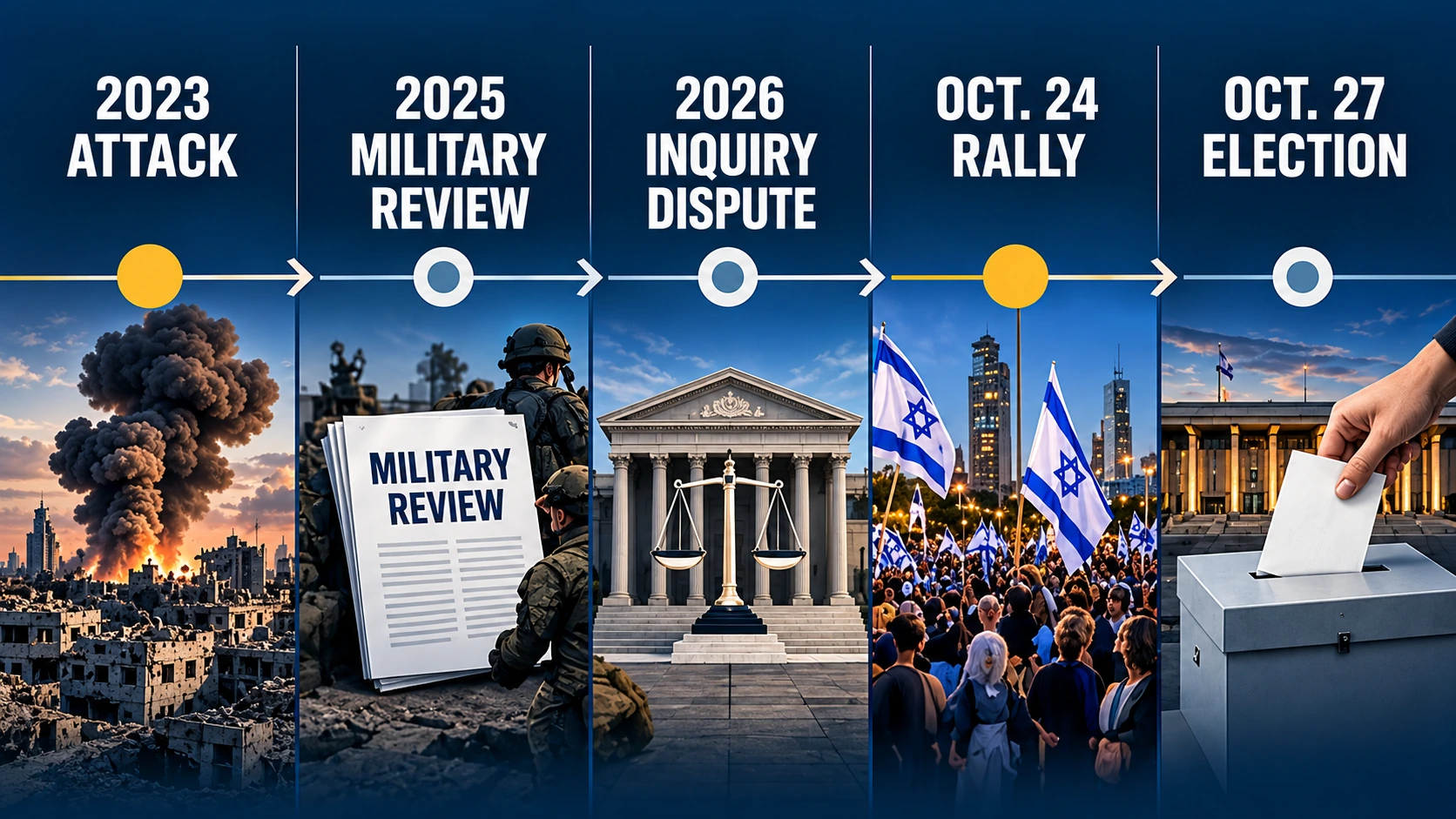 Timeline tracing the October 7 attack, Israeli military findings, the proposed alternative commission, and the 2026 election