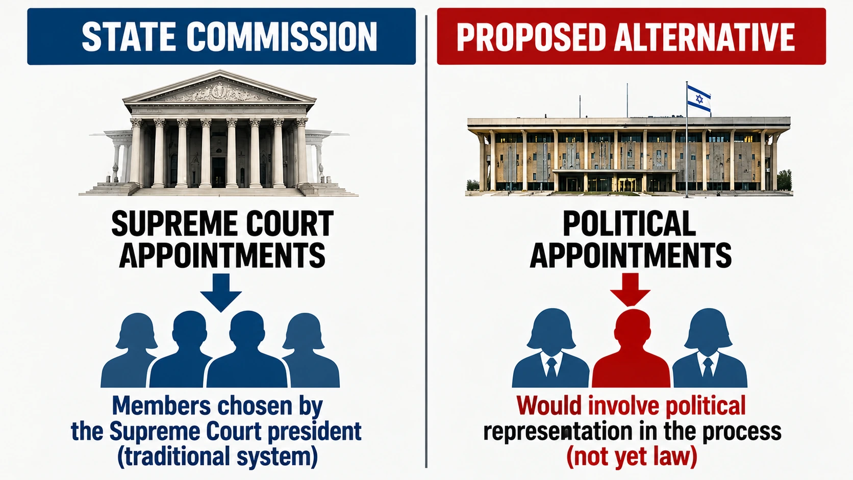 Comparison diagram showing judicial appointment of a traditional Israeli state inquiry and political appointment under the proposed alternative commission