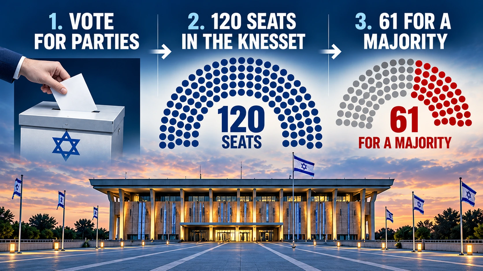 Infographic explaining Israel's proportional election system with 120 Knesset seats and the 61-seat majority needed to form a government