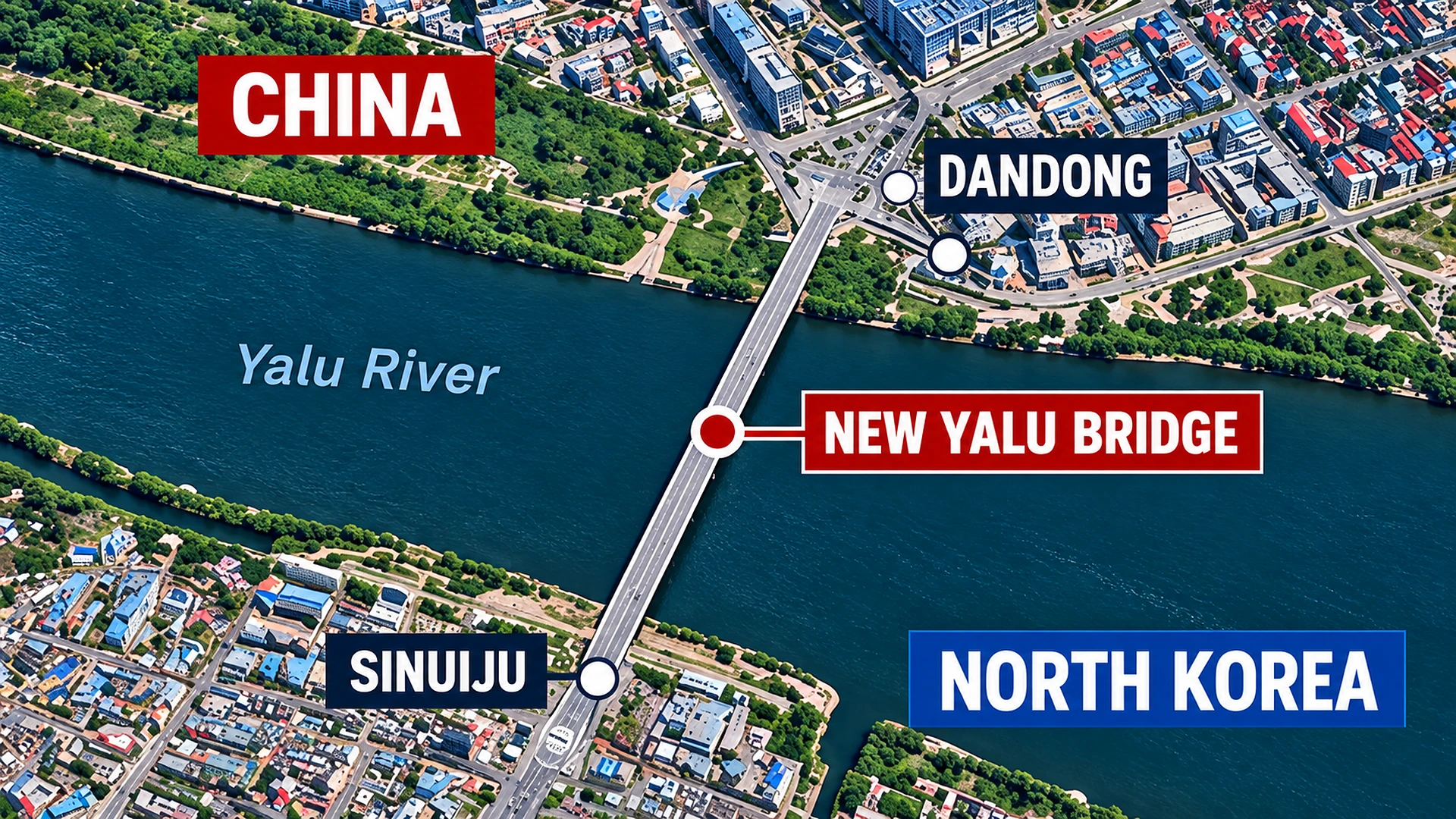 Map diagram locating Dandong and Sinuiju on opposite sides of the Yalu River and highlighting the new bridge