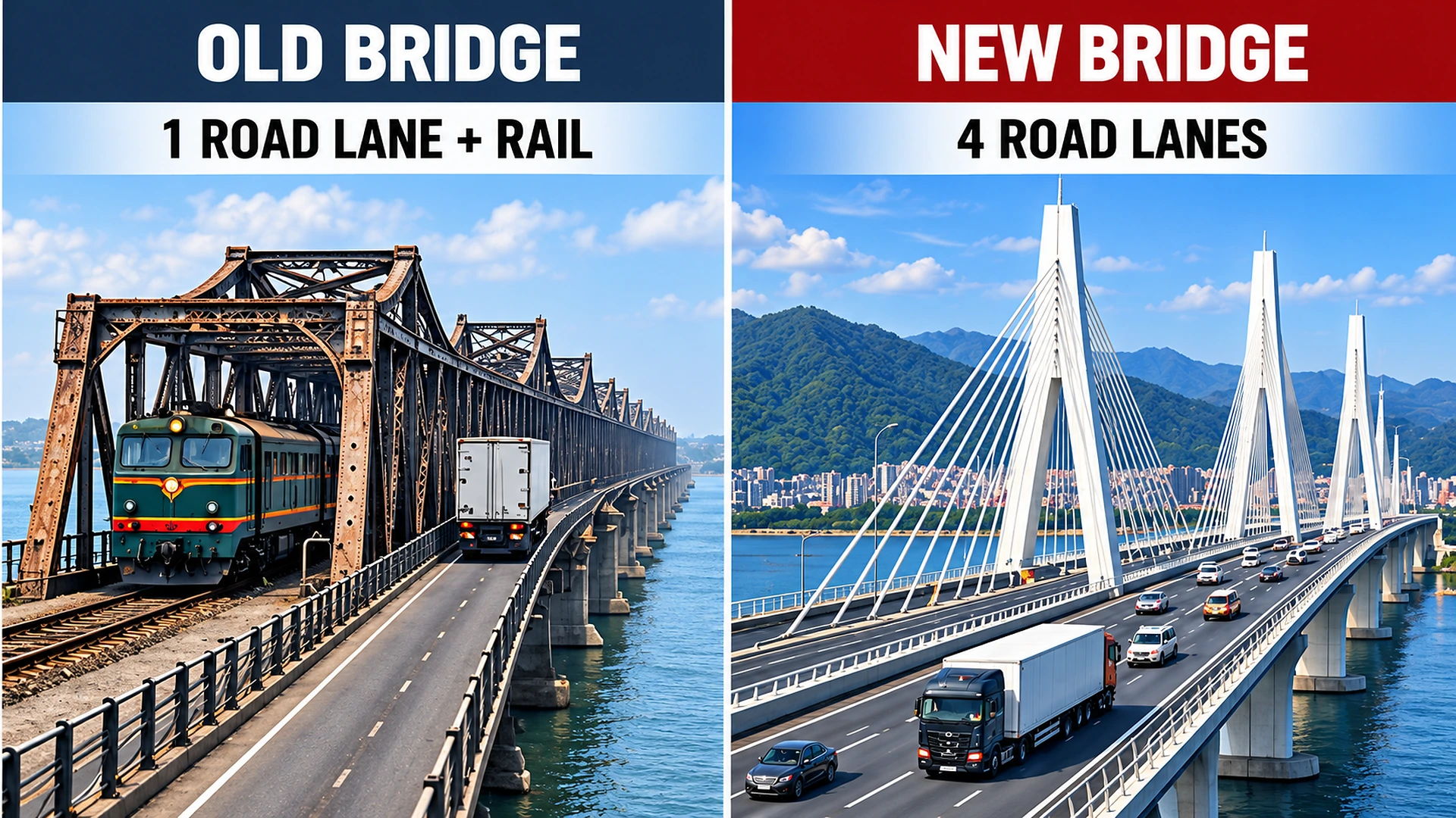Side-by-side comparison of the older single-road-lane Friendship Bridge and the new four-lane highway bridge