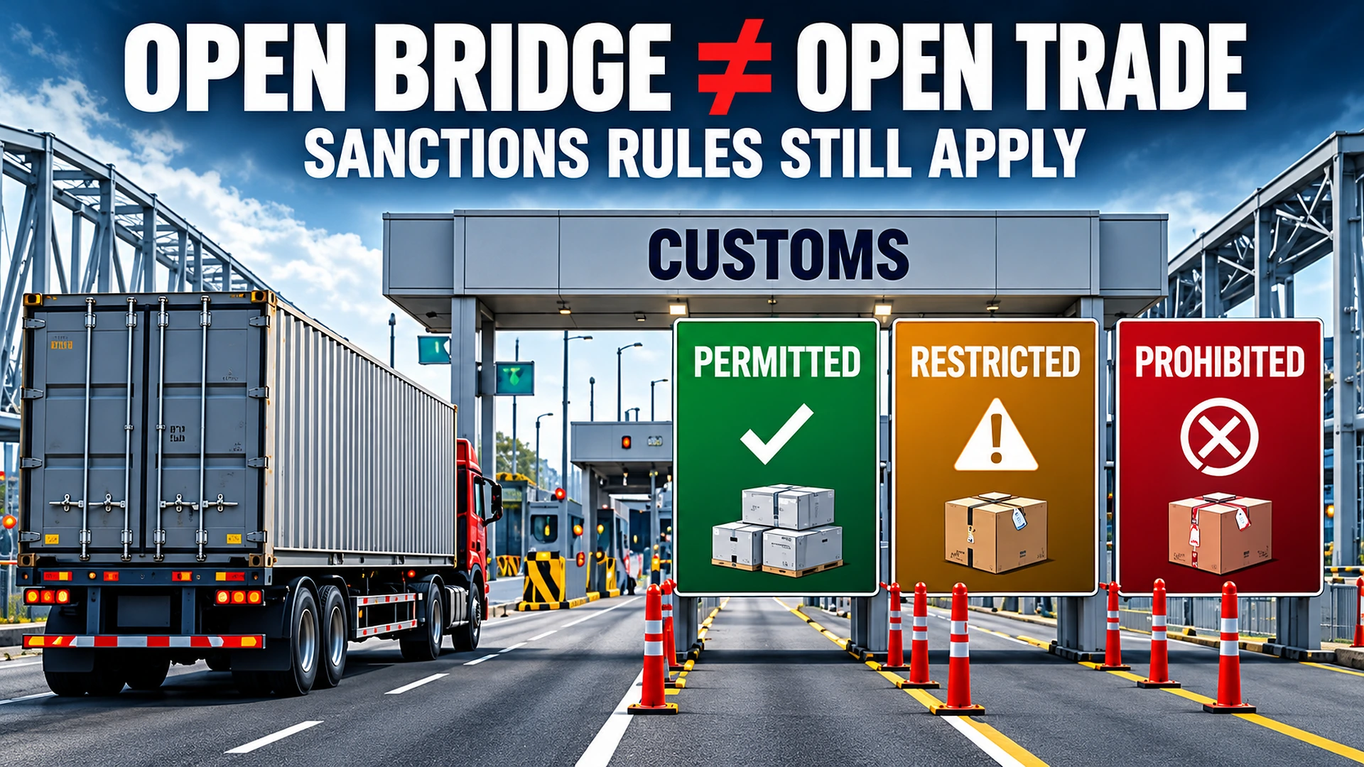 Diagram showing that a reopened border bridge still requires cargo inspections and compliance with North Korea sanctions