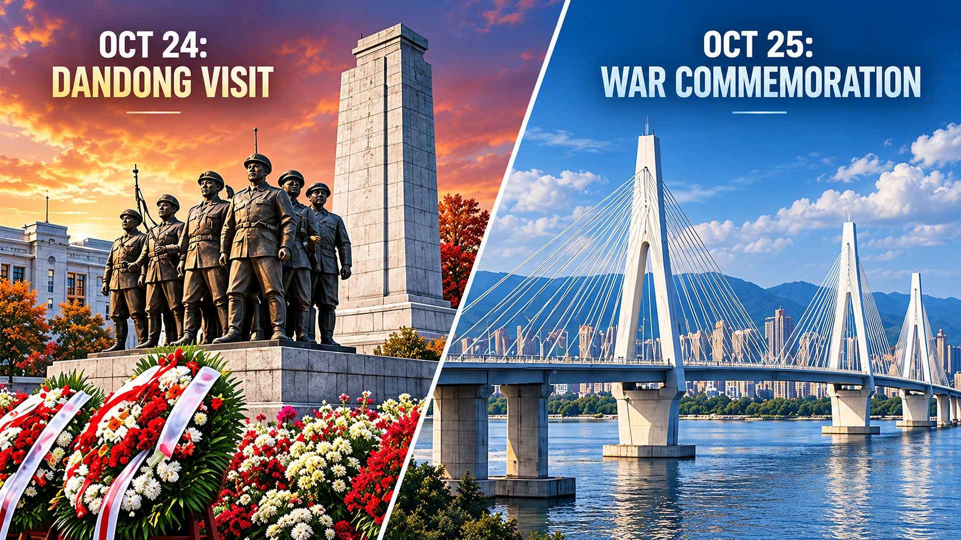 Editorial illustration linking Kim Jong Un's Dandong memorial visit with the October 25 Korean War commemoration and newly opened bridge