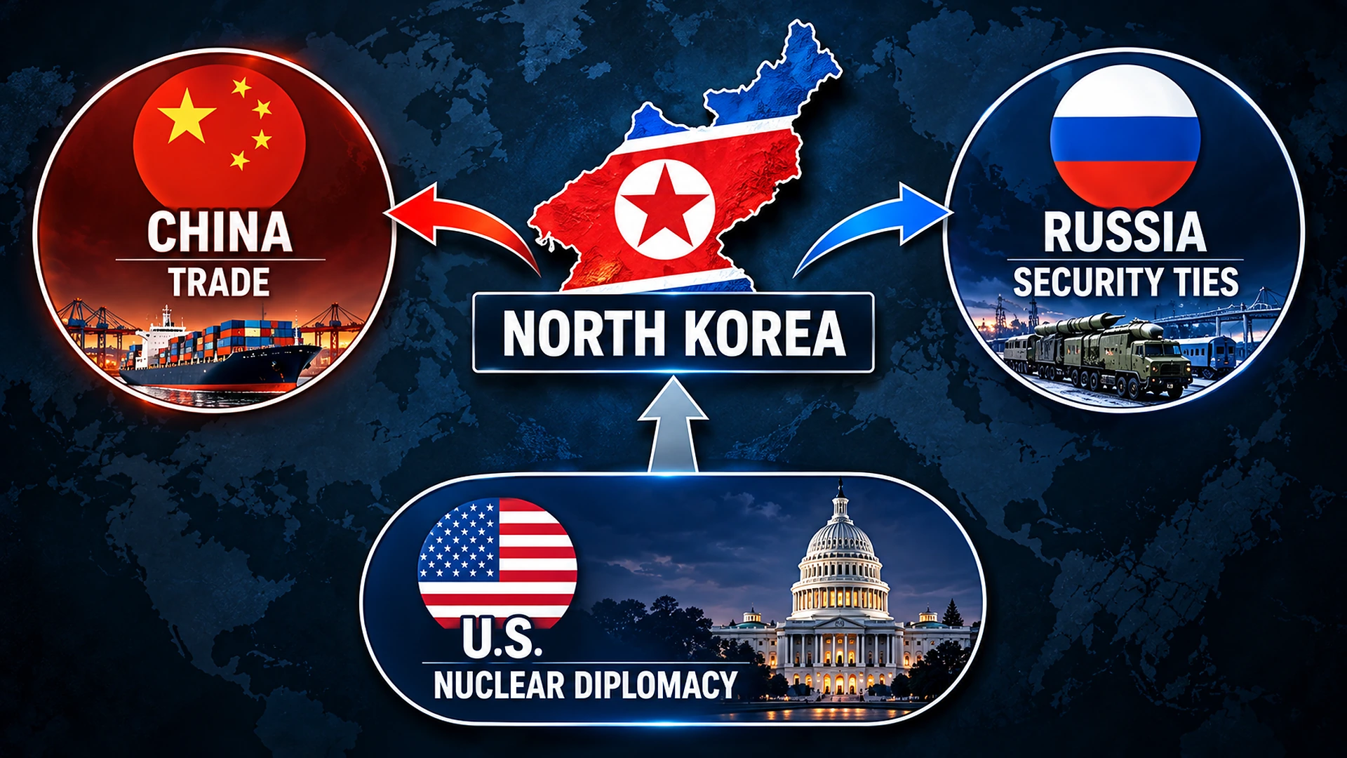 Geopolitical relationship diagram showing North Korea's trade connection to China, expanded ties with Russia, and nuclear diplomacy with the United States