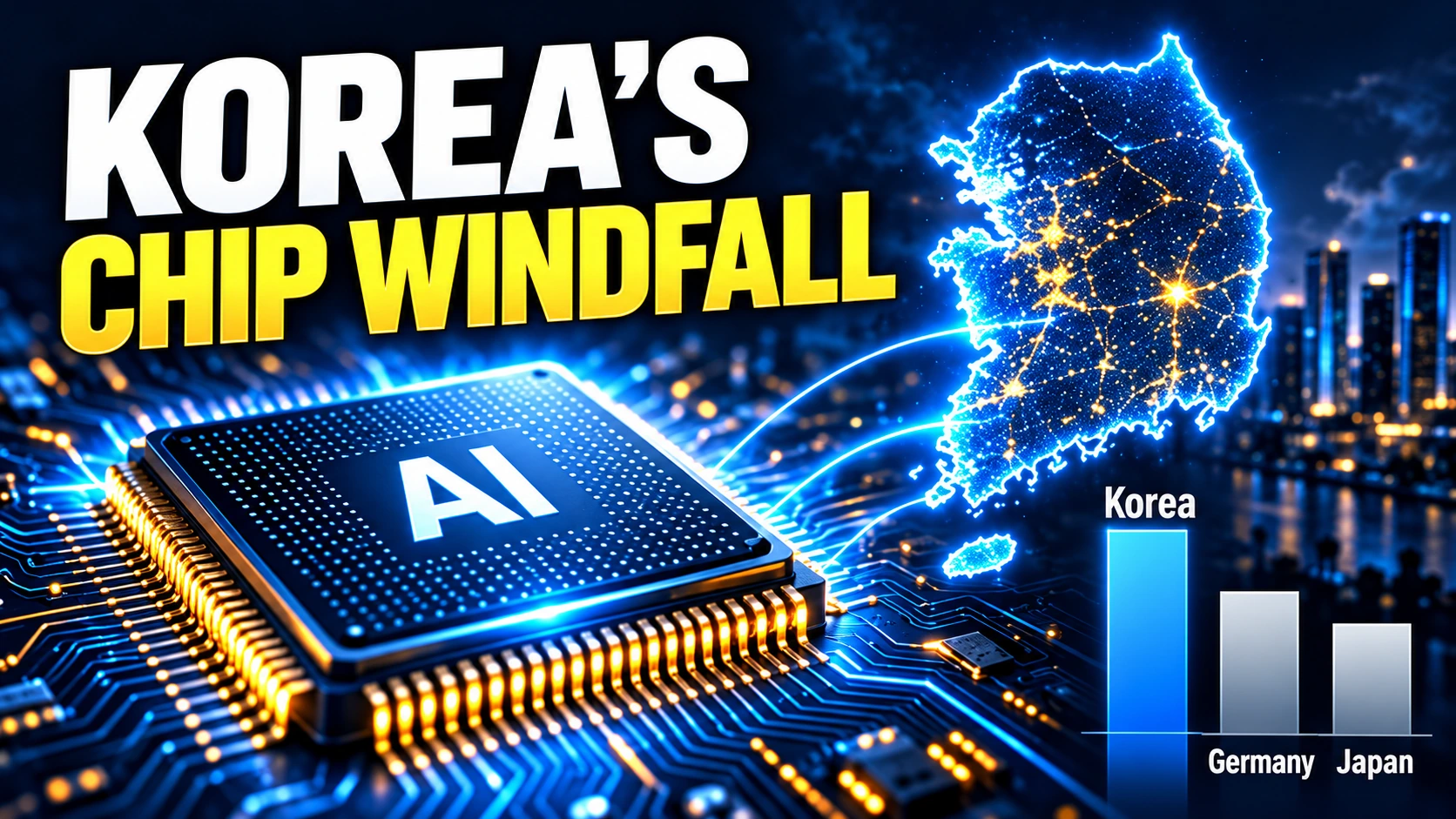 Editorial illustration of a glowing AI memory chip above South Korea, with Germany and Japan represented by smaller current account surplus bars