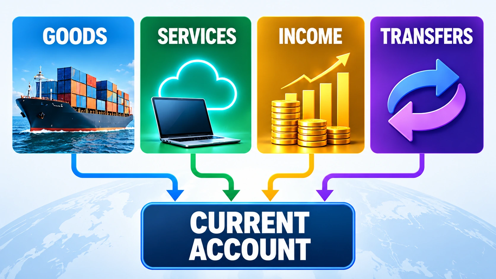 Flow diagram showing goods, services, investment income, and transfers contributing to a country's current account balance