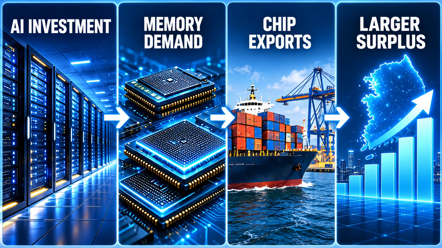 Diagram showing how worldwide AI data center spending boosts demand for Korean memory chips, semiconductor exports, and the external balance