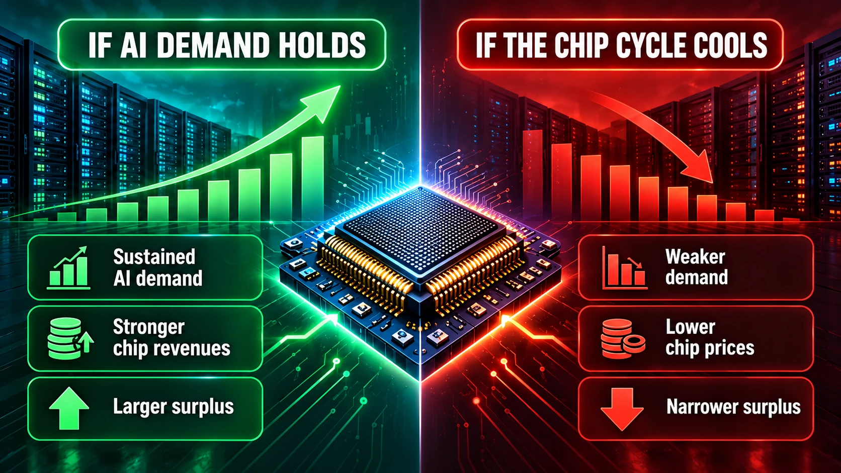 Two-path infographic contrasting continued AI memory demand with weaker chip prices and export revenue for South Korea