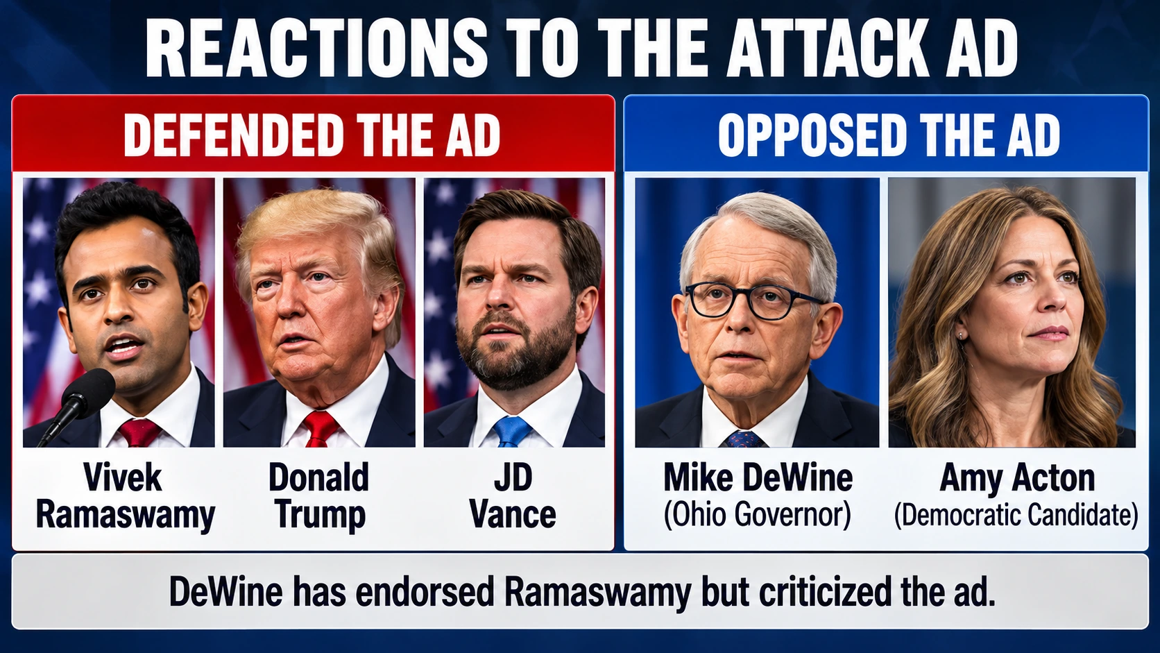 Graphic distinguishing Republican leaders who defended the Ohio campaign ad from those who called for its removal