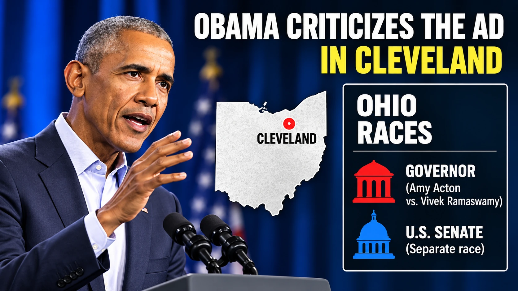 Editorial graphic connecting Barack Obama's Cleveland rally to the competitive Ohio governor and Senate races in 2026