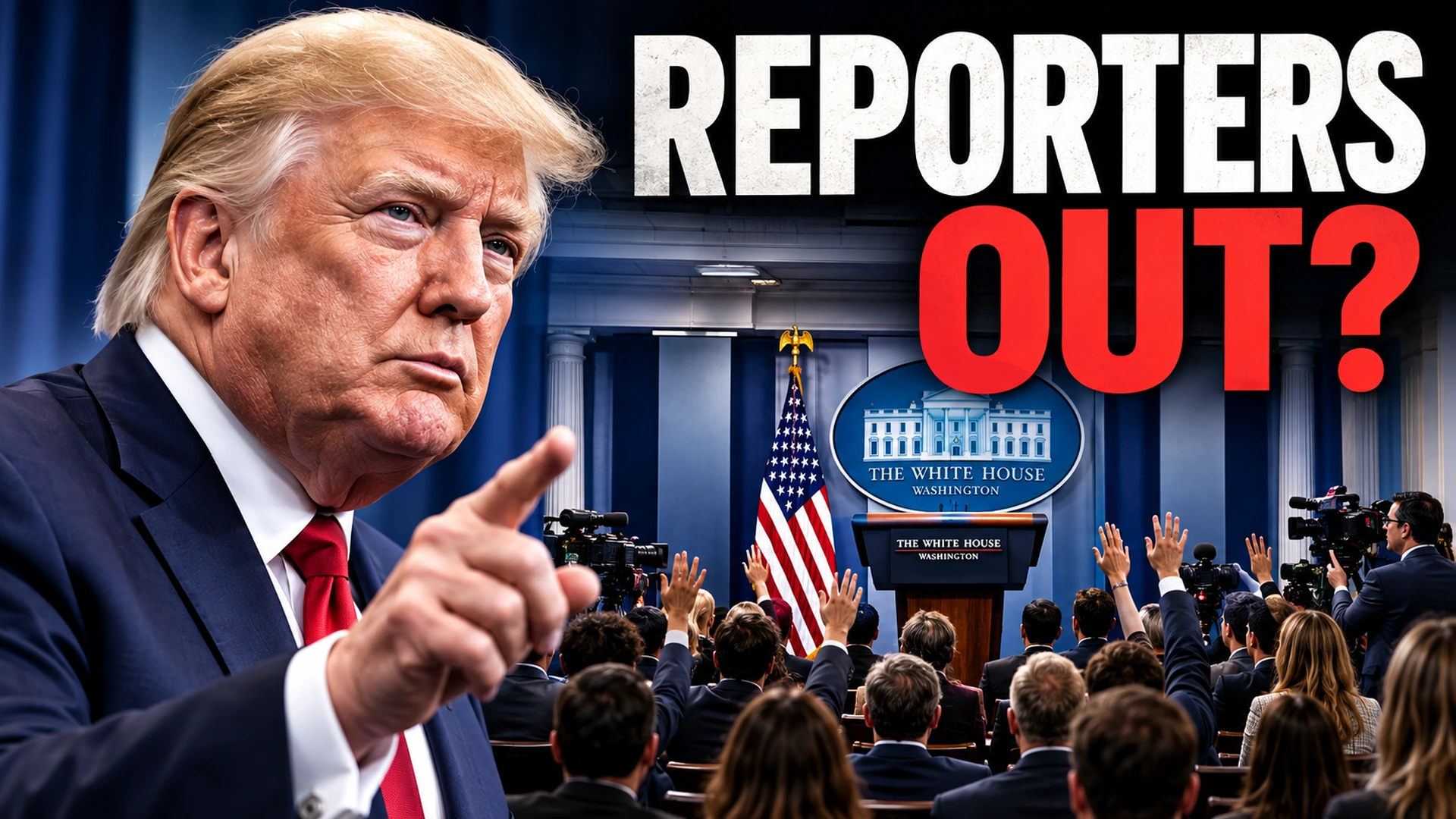 Editorial illustration of Donald Trump beside the White House press briefing room as journalists face the possibility of relocation