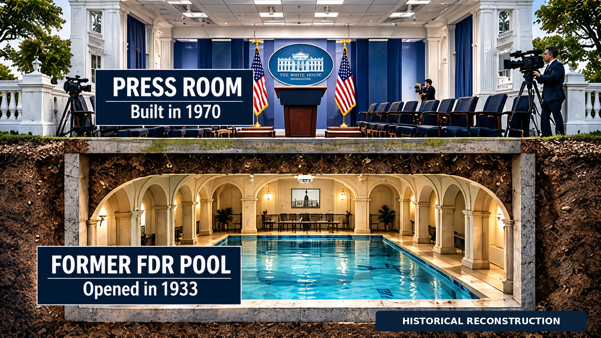 Cutaway illustration showing Franklin D. Roosevelt's former White House swimming pool beneath the present-day press briefing room