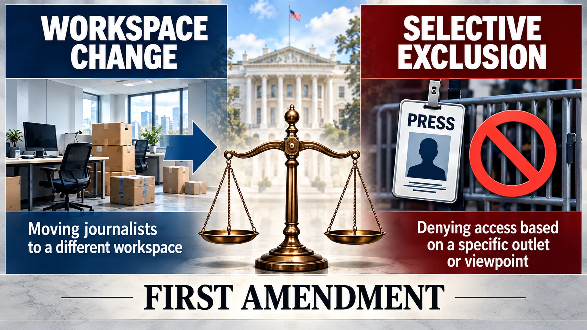 Legal flowchart comparing a general White House workspace relocation with selective restrictions on journalists based on their reporting