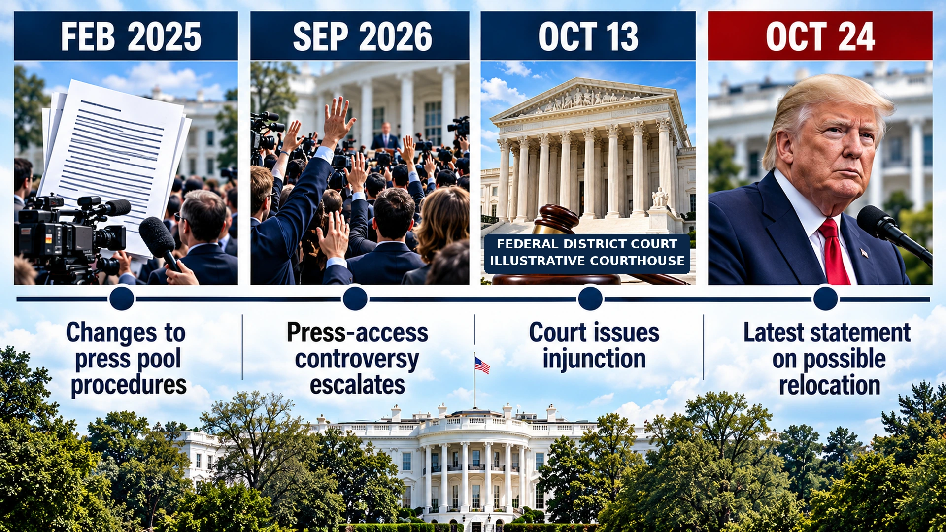 Timeline of Trump's White House media access disputes, including press pool changes in 2025 and court-ordered restoration of credentials in 2026