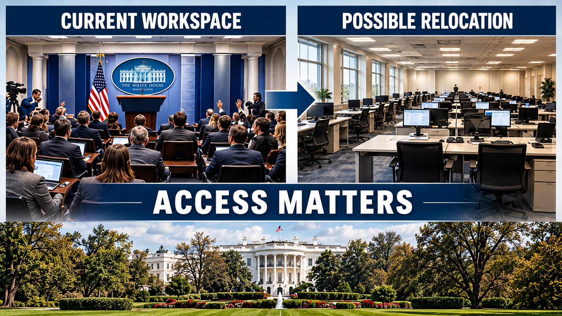 Diagram comparing direct journalist access near the White House West Wing with reporting from a separate building