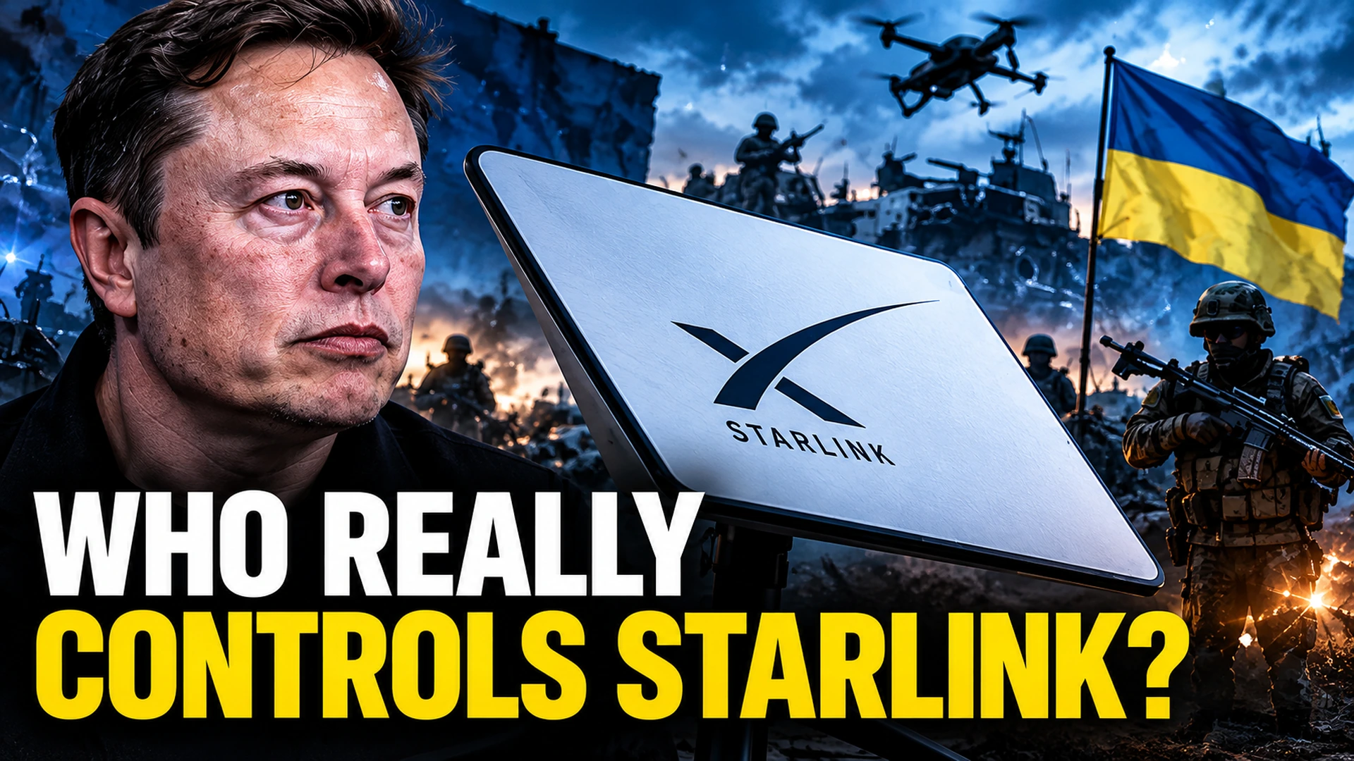 Editorial illustration of Elon Musk, a Starlink satellite network, and Ukrainian military drones highlighting the dispute over satellite communications