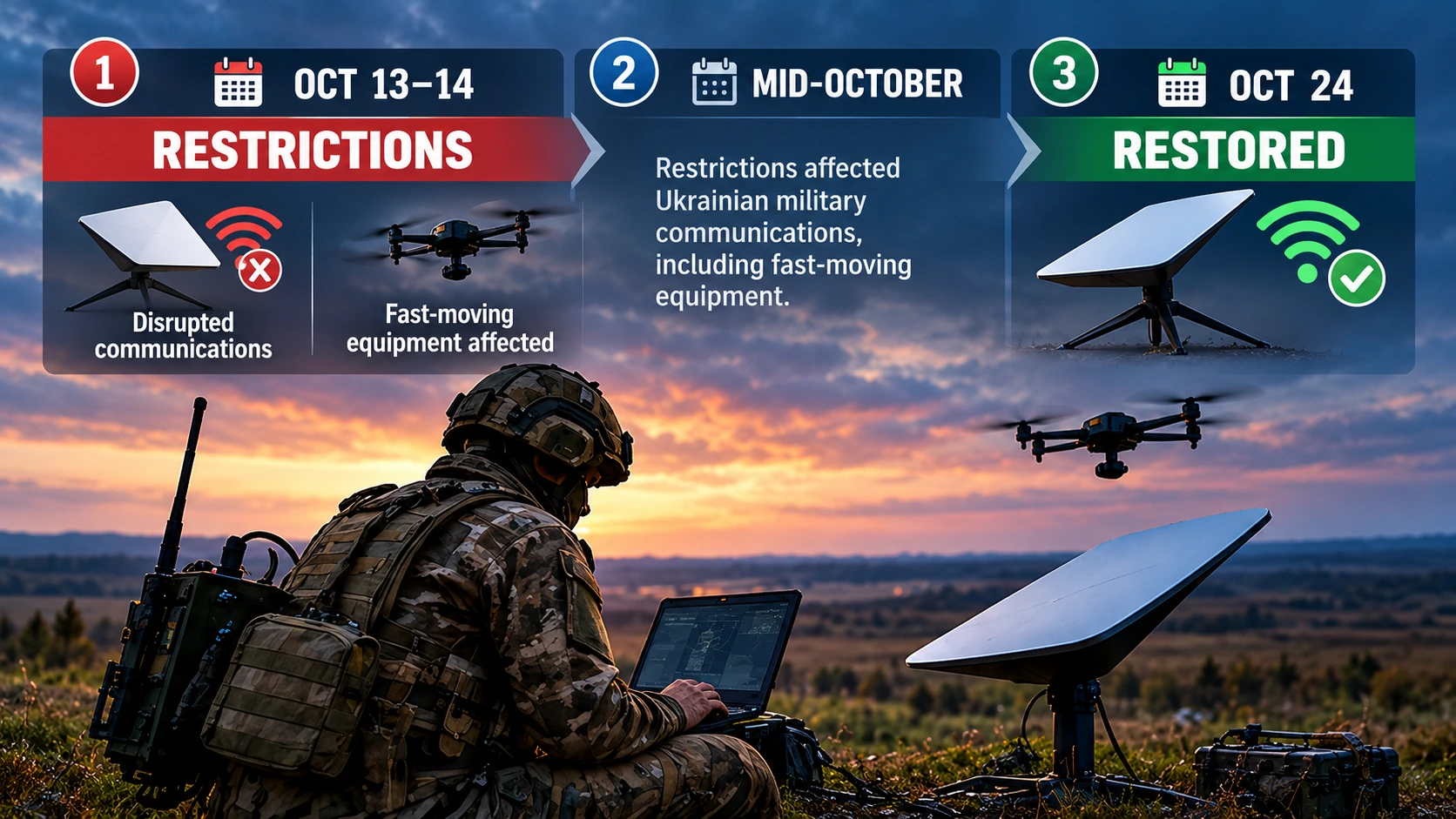 Timeline showing the October 2026 restrictions on Ukrainian satellite communications followed by their reported restoration on October 24