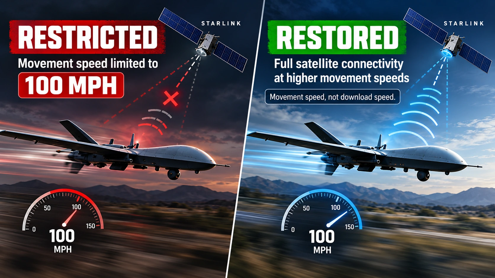 Comparison showing how a movement-speed restriction can disconnect a fast military drone while restored satellite connectivity allows higher-speed operation