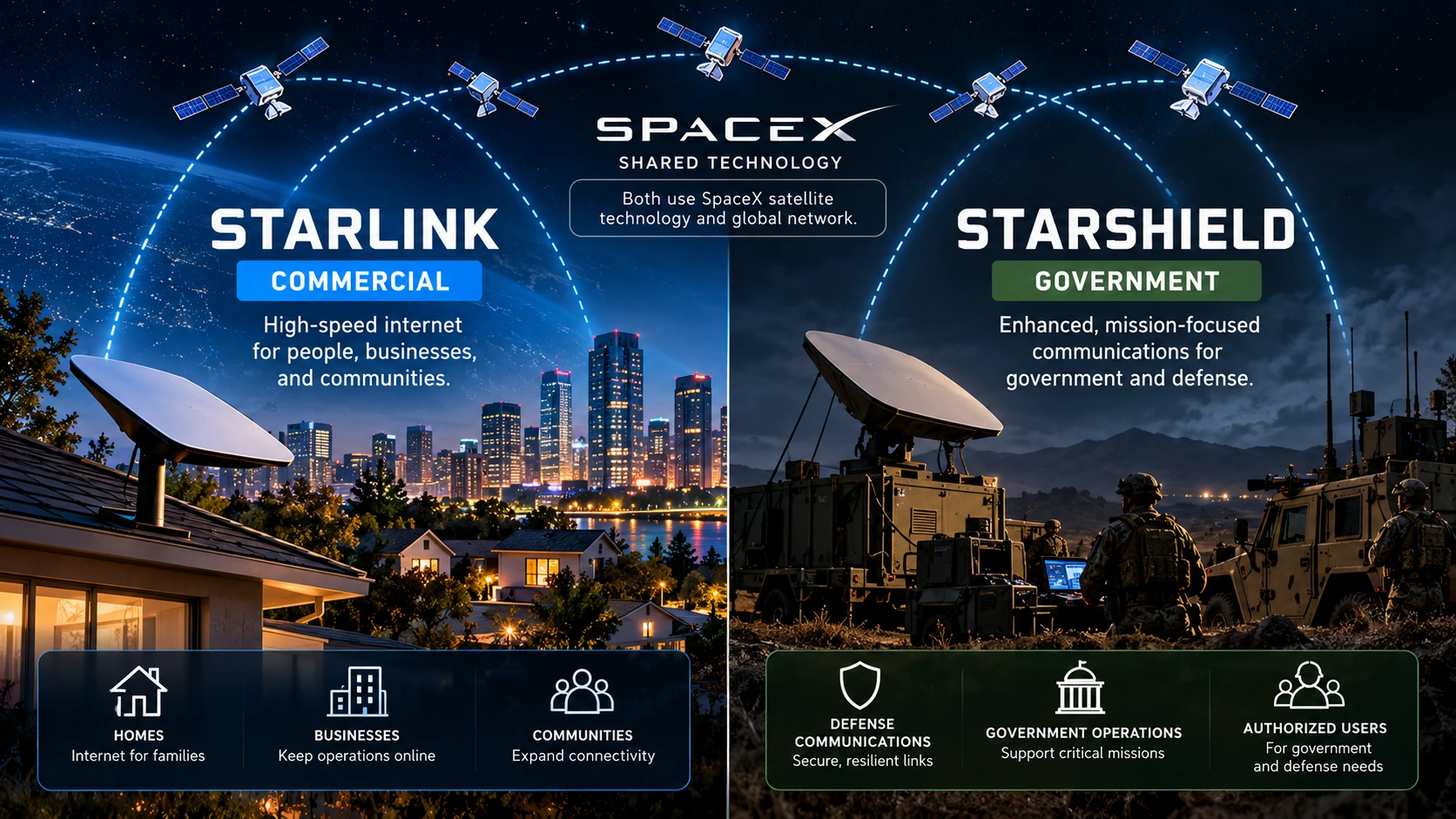 Side-by-side infographic comparing commercial Starlink satellite internet with SpaceX's government-focused Starshield communications service